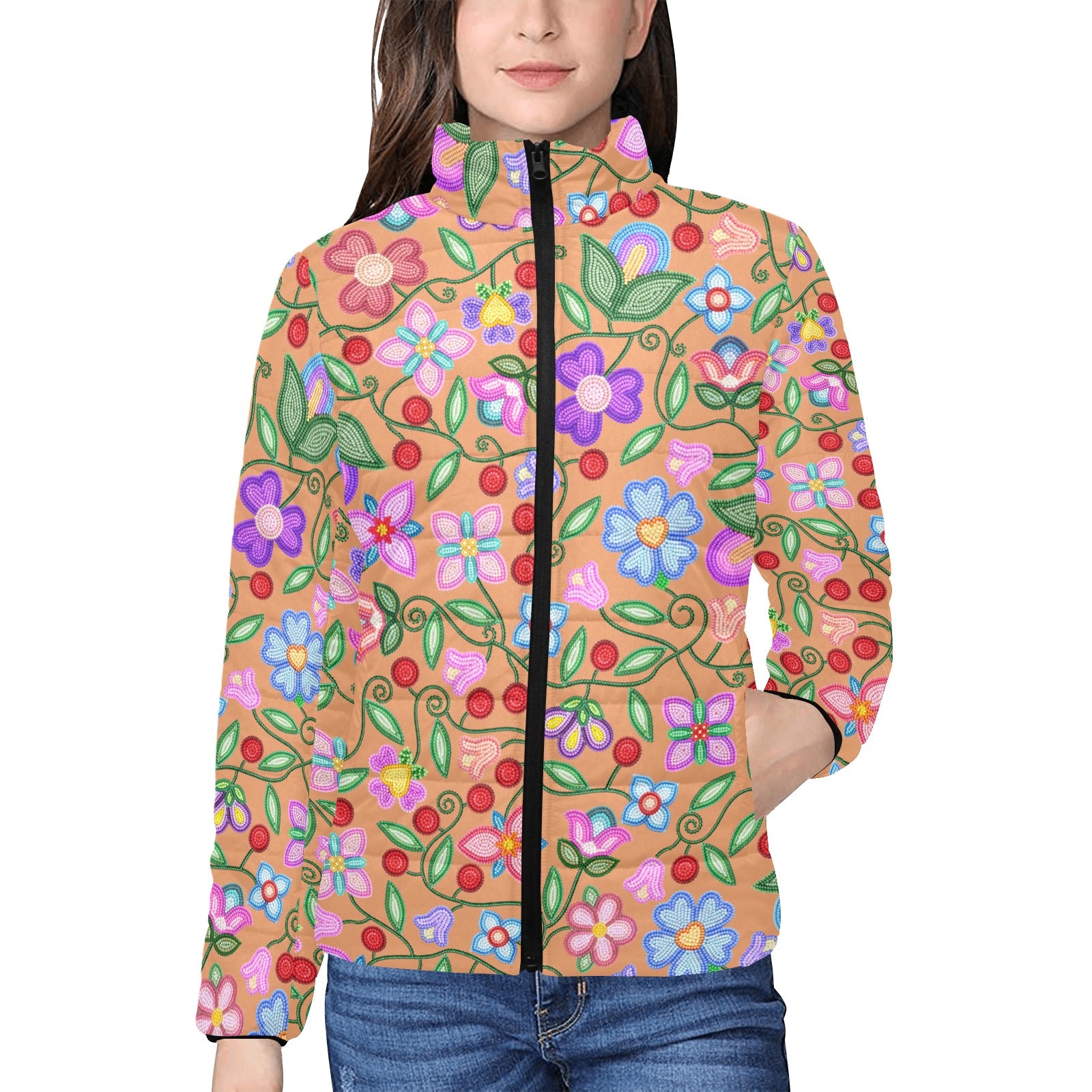 Petal Harmony Terracotta Women's Stand Collar Padded Jacket (Model H41)
