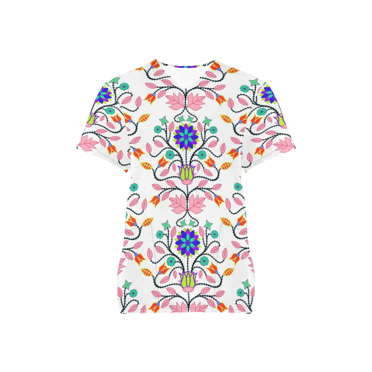 Floral Beadwork Four Clans White Scrub Top