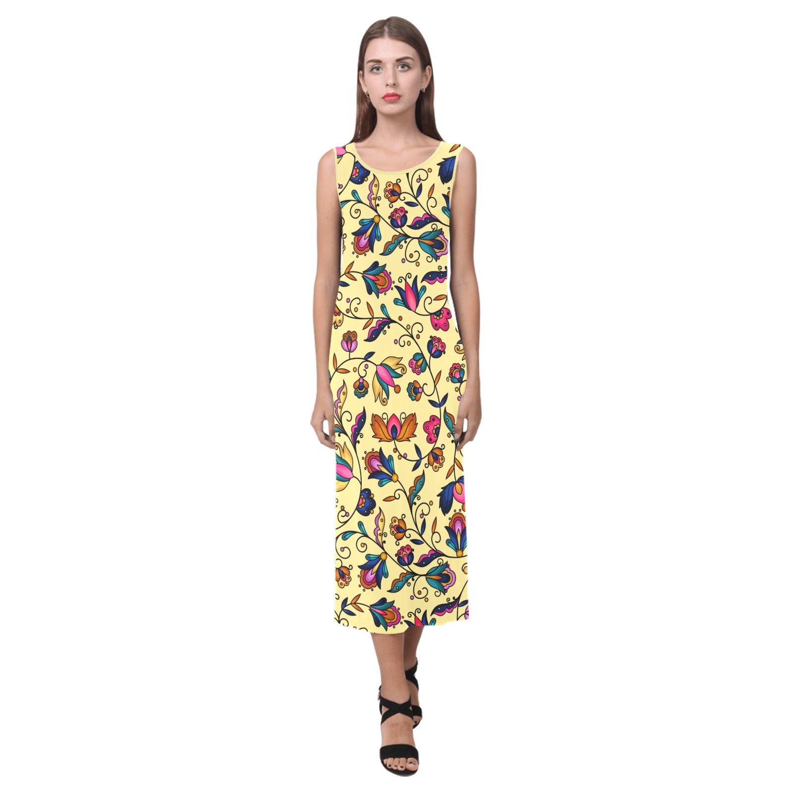 Copper Prairie Petals Yellow Phaedra Sleeveless Open Fork Long Dress