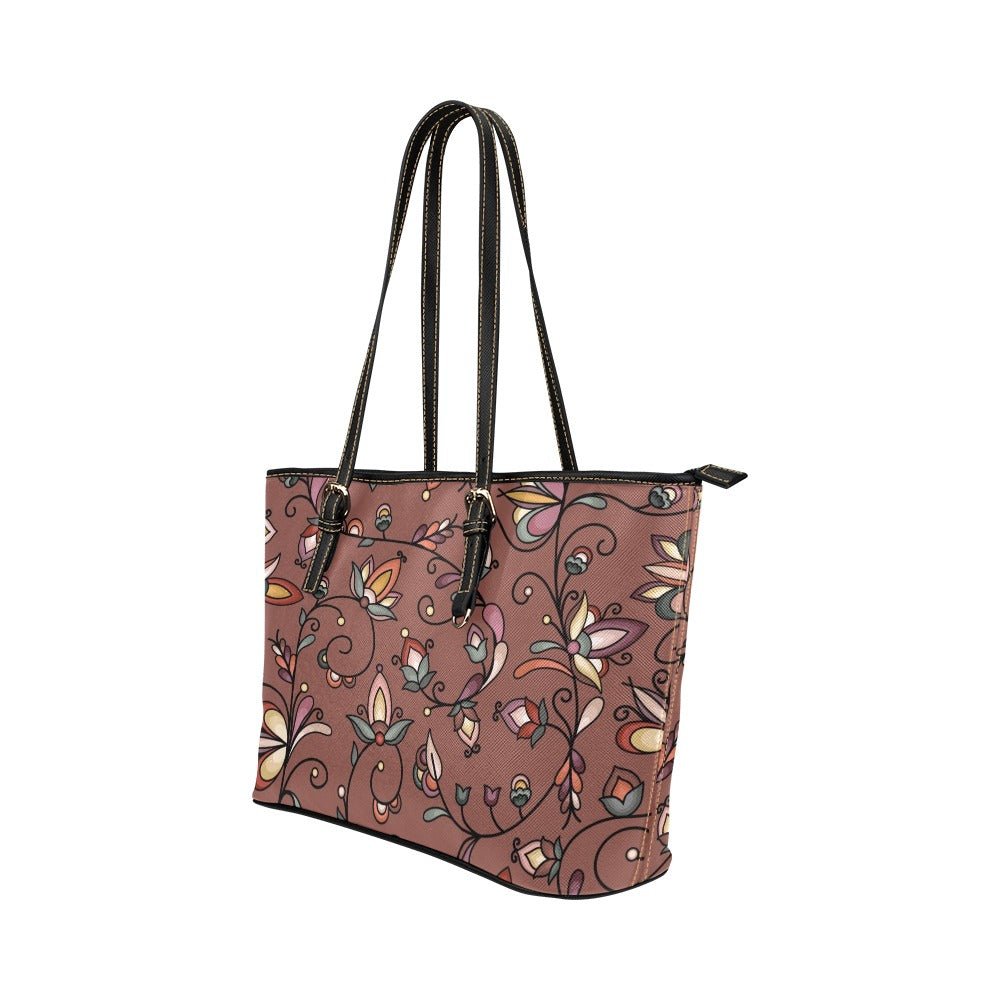 Burnt Sky Petals Brown Leather Tote Bag/Large