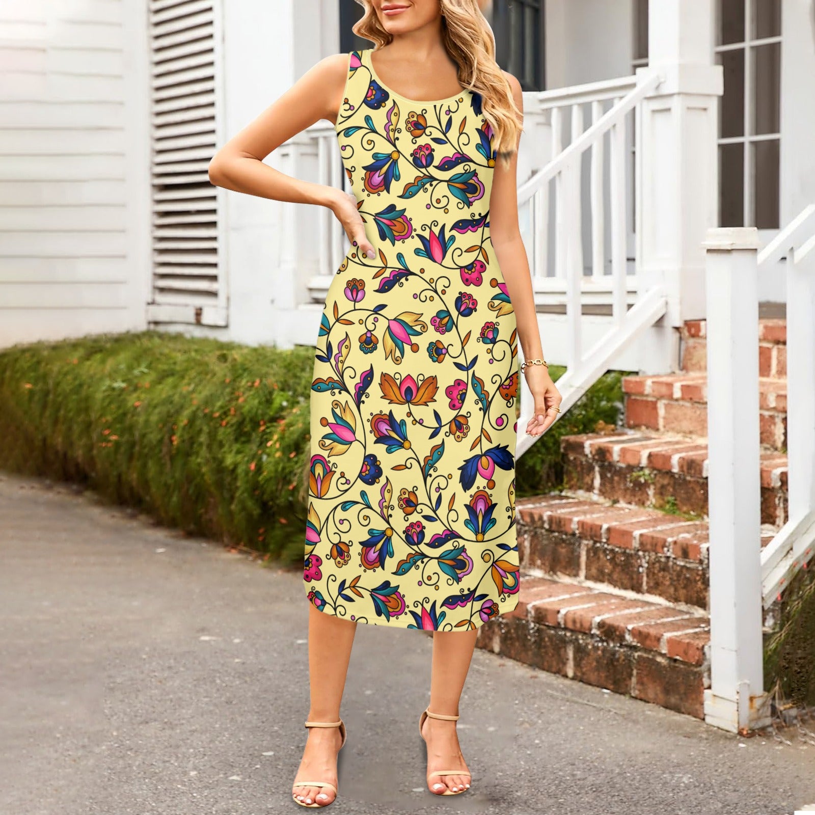 Copper Prairie Petals Yellow Phaedra Sleeveless Open Fork Long Dress