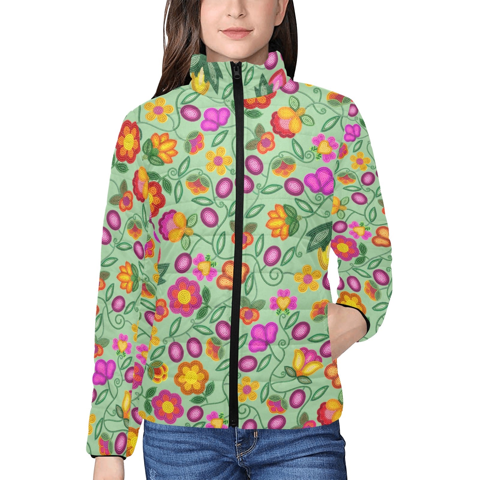 Boreal Bounty Green Women's Stand Collar Padded Jacket