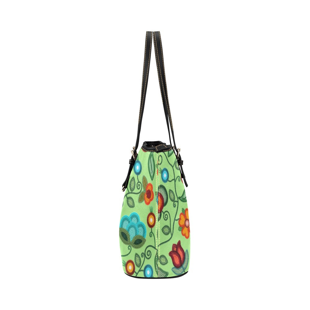 Prairie Fire Petals Sage Leather Tote Bag/Large