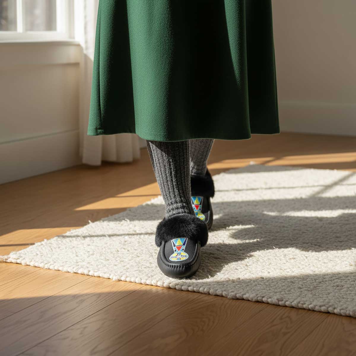 Firewheel Emblem Black Leather Black Fur Moccasin