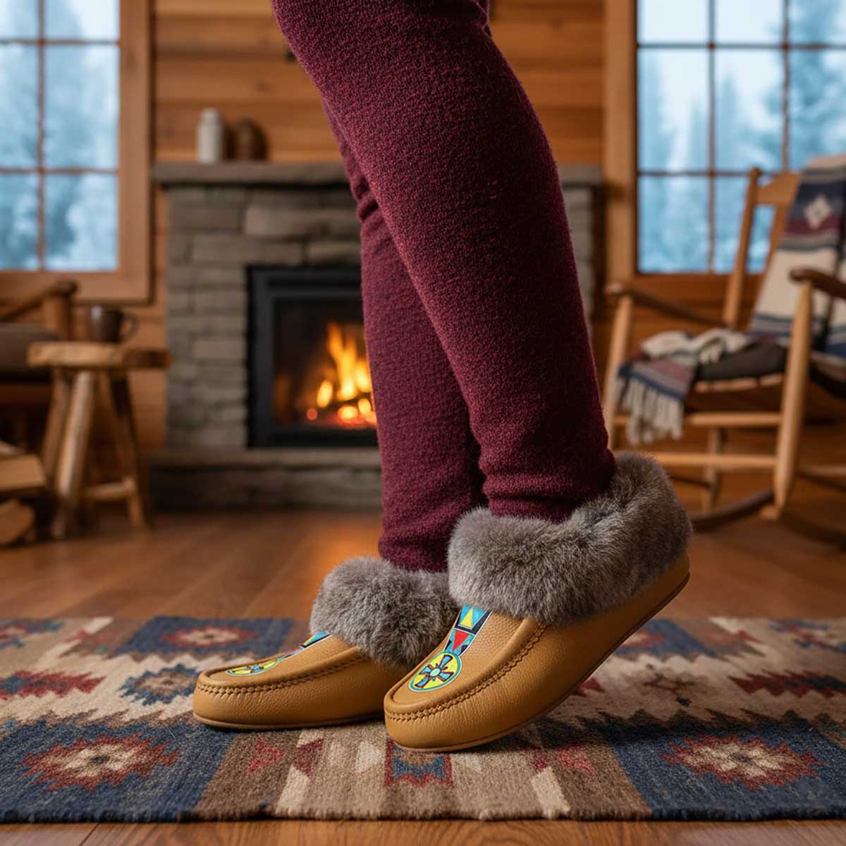 Firewheel Emblem Tan Leather Mottled Fur Moccasin