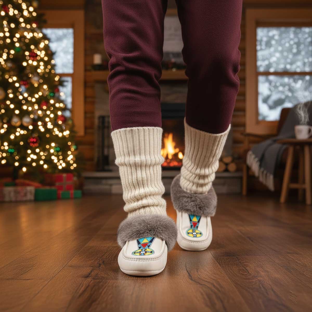 Firewheel Emblem White Leather Mottled Fur Moccasin