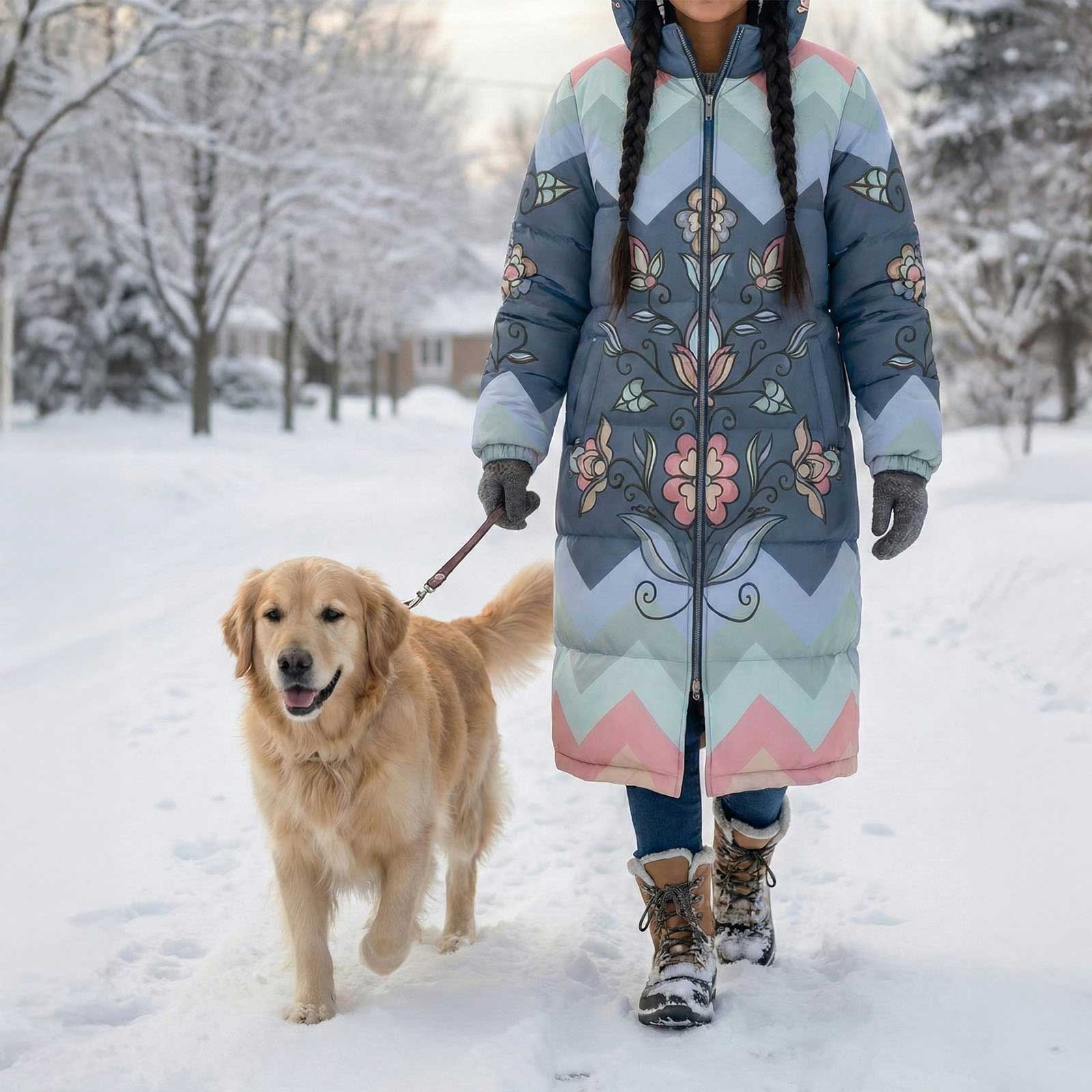 Frostfall Radiance Floral Unisex Long Down Jacket