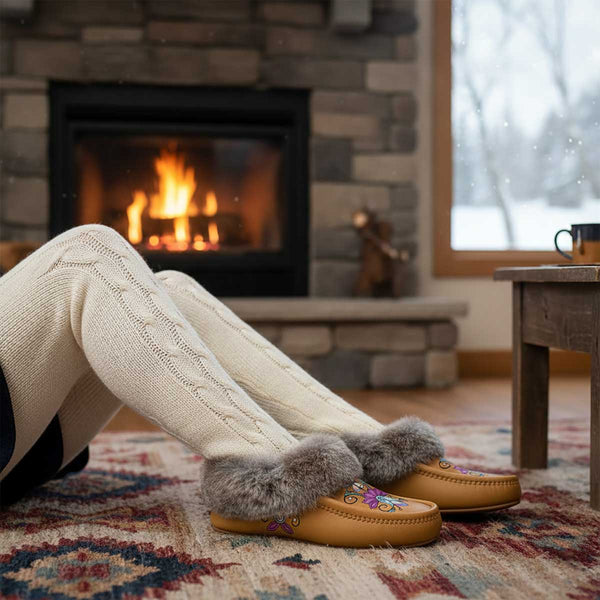 Moonlit Frost Tan Leather Mottled Fur Moccasin