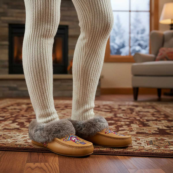 Northern Ember Tan Leather Mottled Fur Moccasin