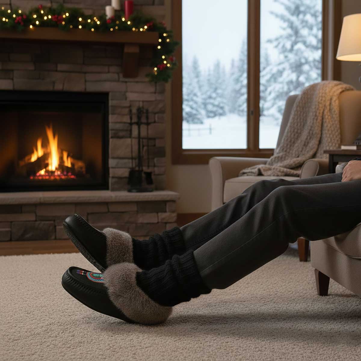 River Hold Black Leather Mottled Fur Moccasin