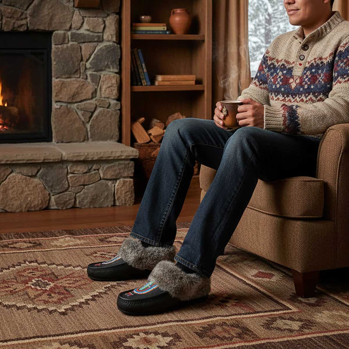 River Hold Brown Leather Mottled Fur Moccasin