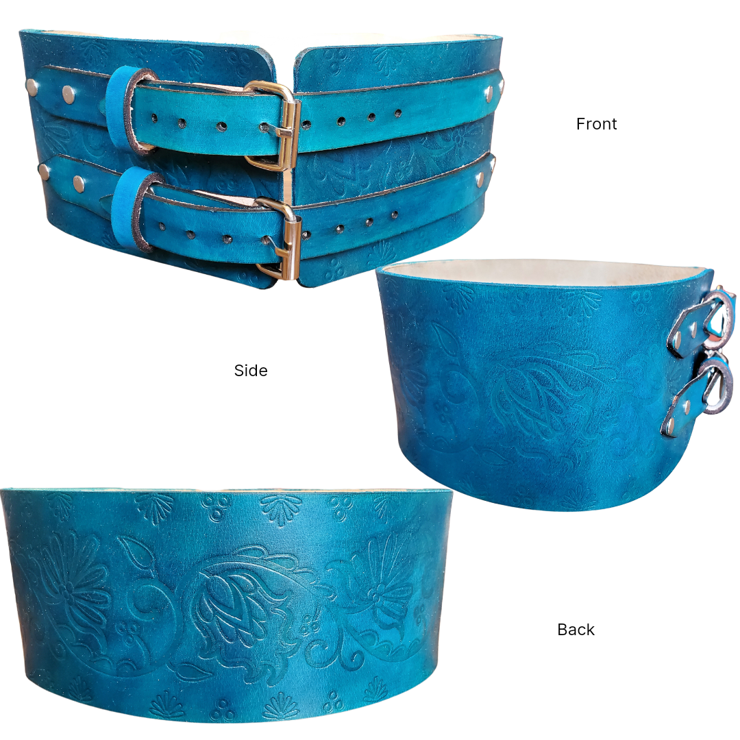 Dark Turquoise Floral Handmade Thick 4 Inch Leather Belt