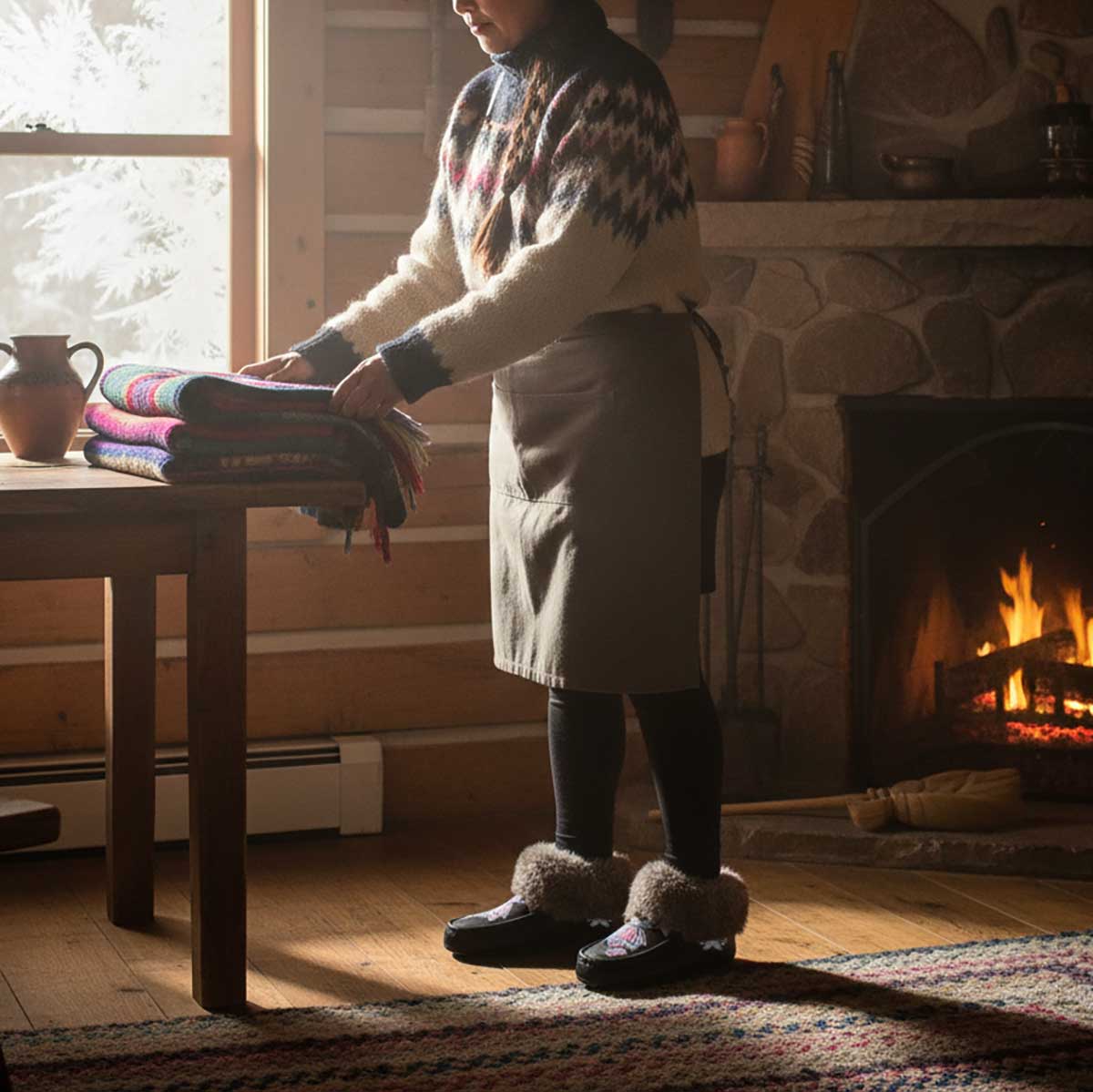 Snow Petal Spirit Black Leather Mottled Fur Moccasin