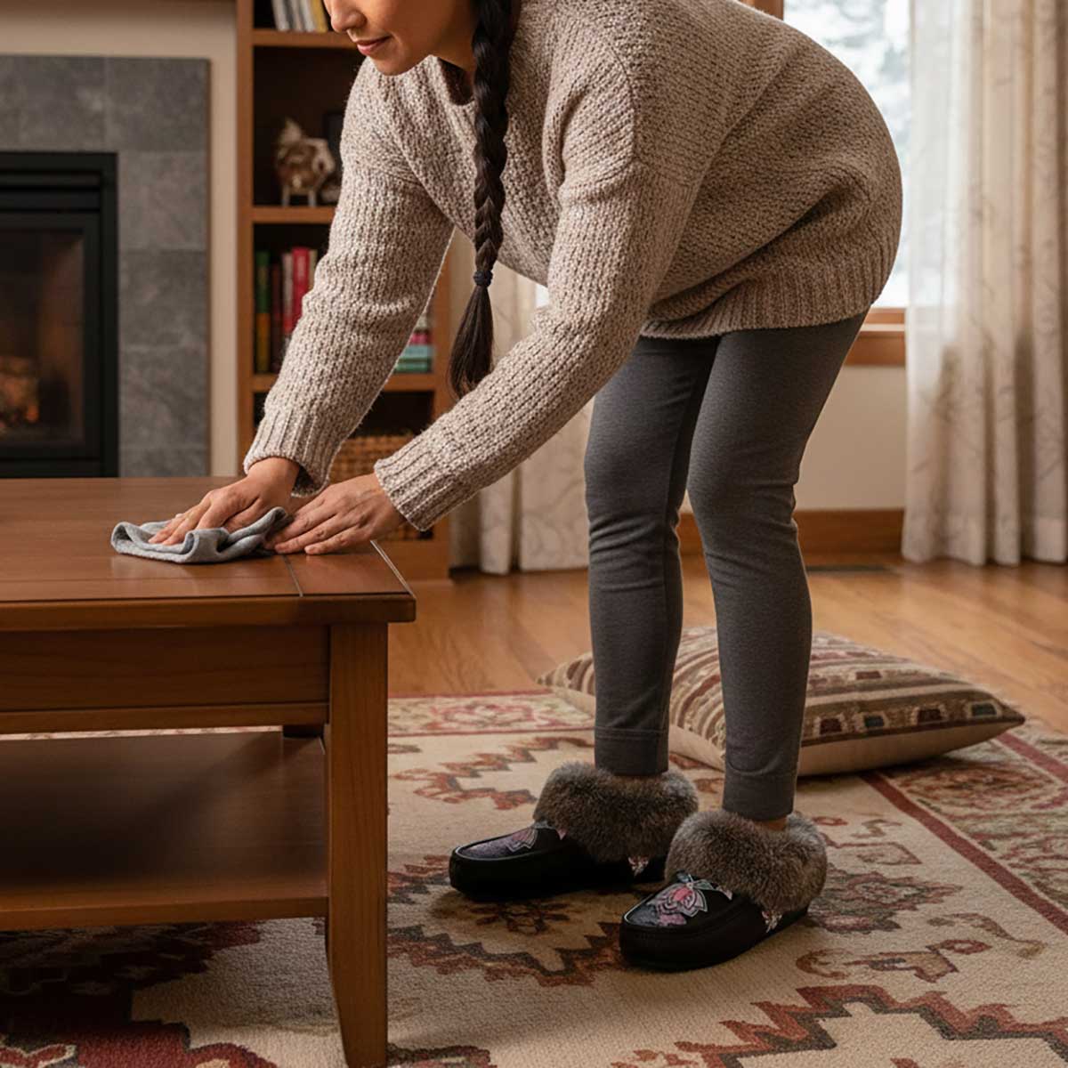 Snow Petal Spirit Brown Leather Mottled Fur Moccasin