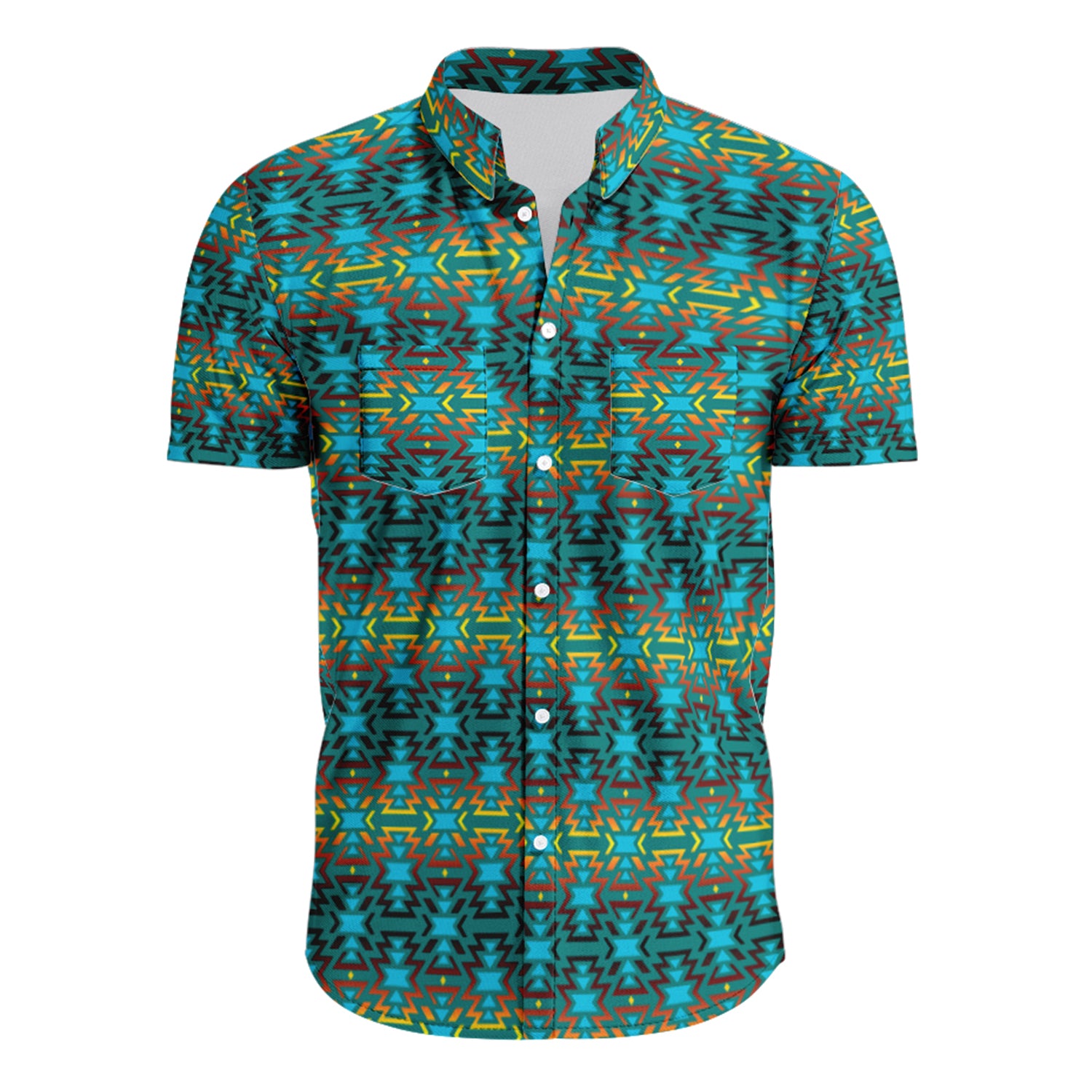 Fire Colors and Turquoise Teal Hawaiian-Style Button Up Shirt