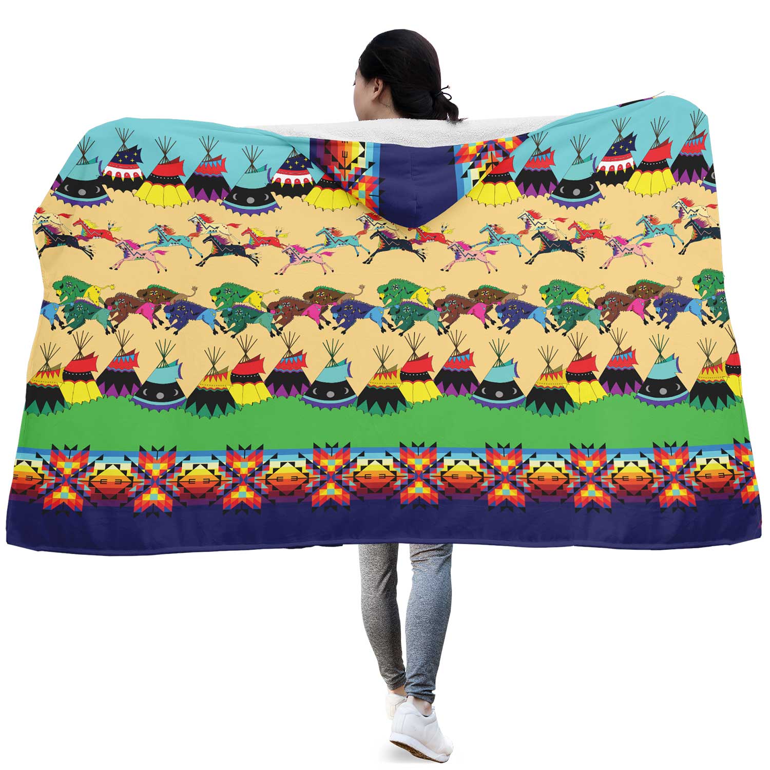 Horses and Buffalo Ledger Blue Hooded Blanket