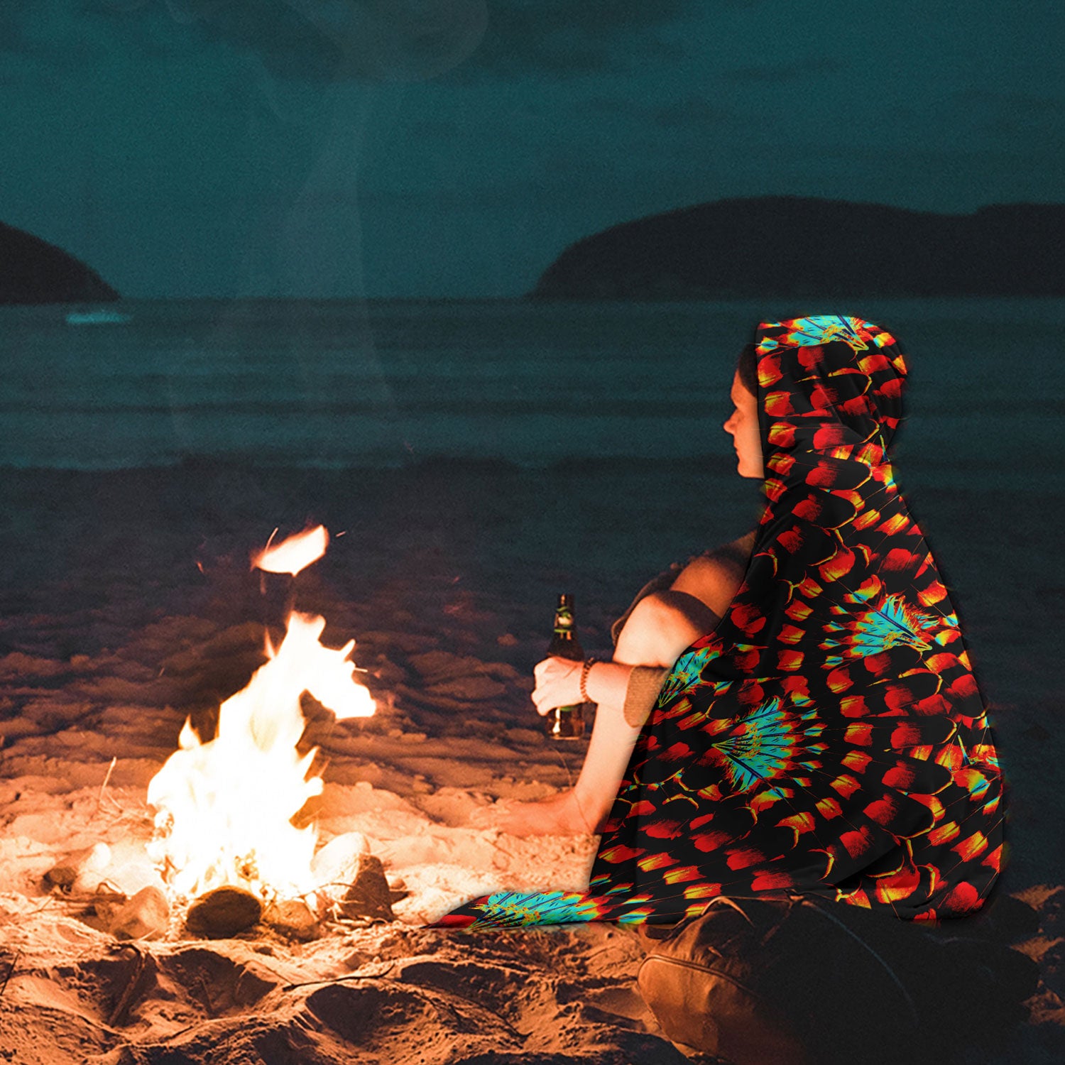 Hawk Feathers Fire and Turquoise Hooded Blanket