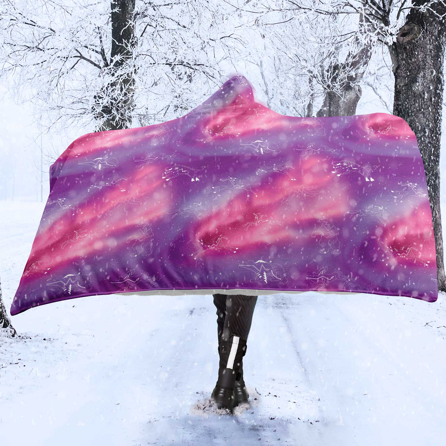 Animal Ancestors 7 Aurora Gases Pink and Purple Hooded Blanket