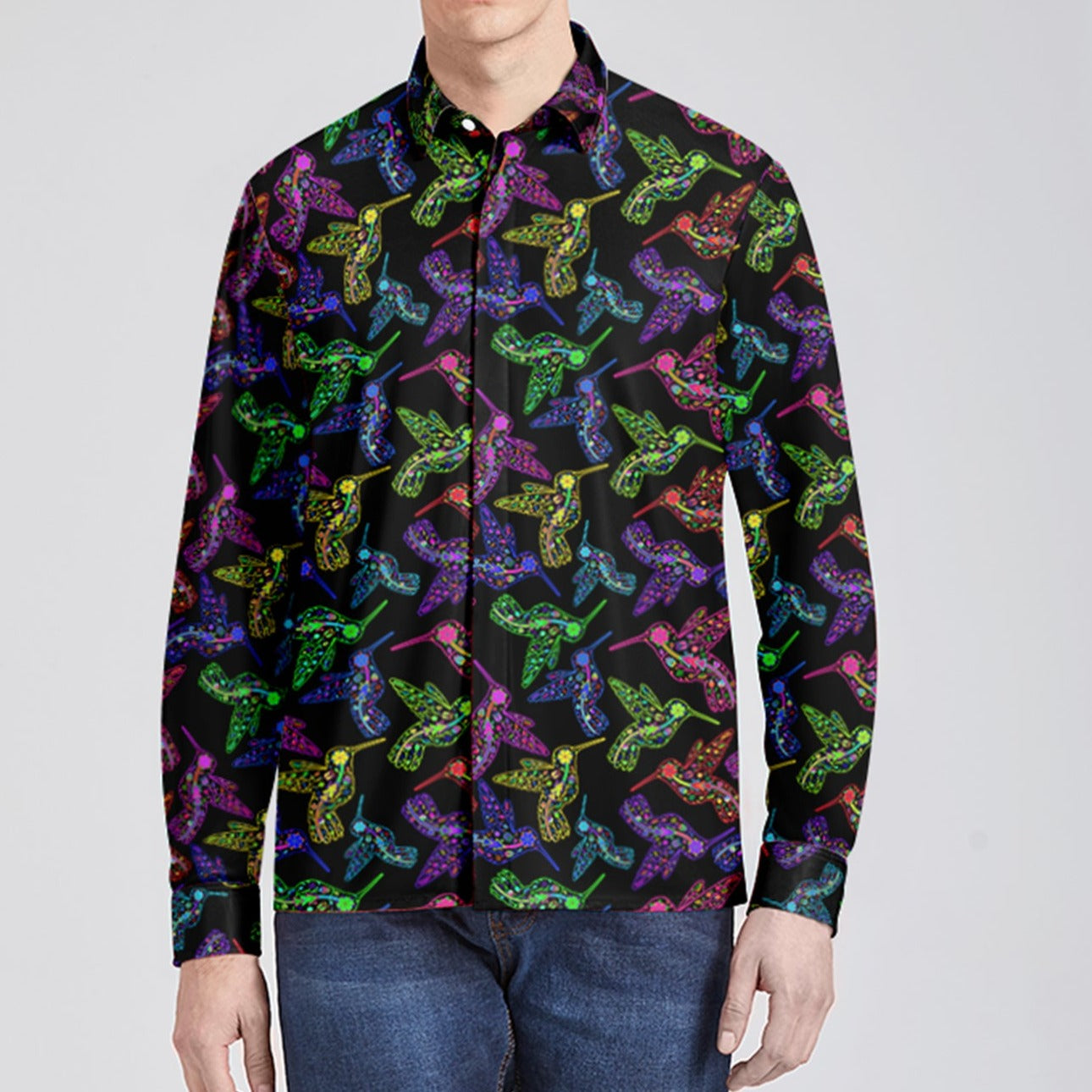 Neon Floral Hummingbird Men's Long Sleeve Dress Shirt