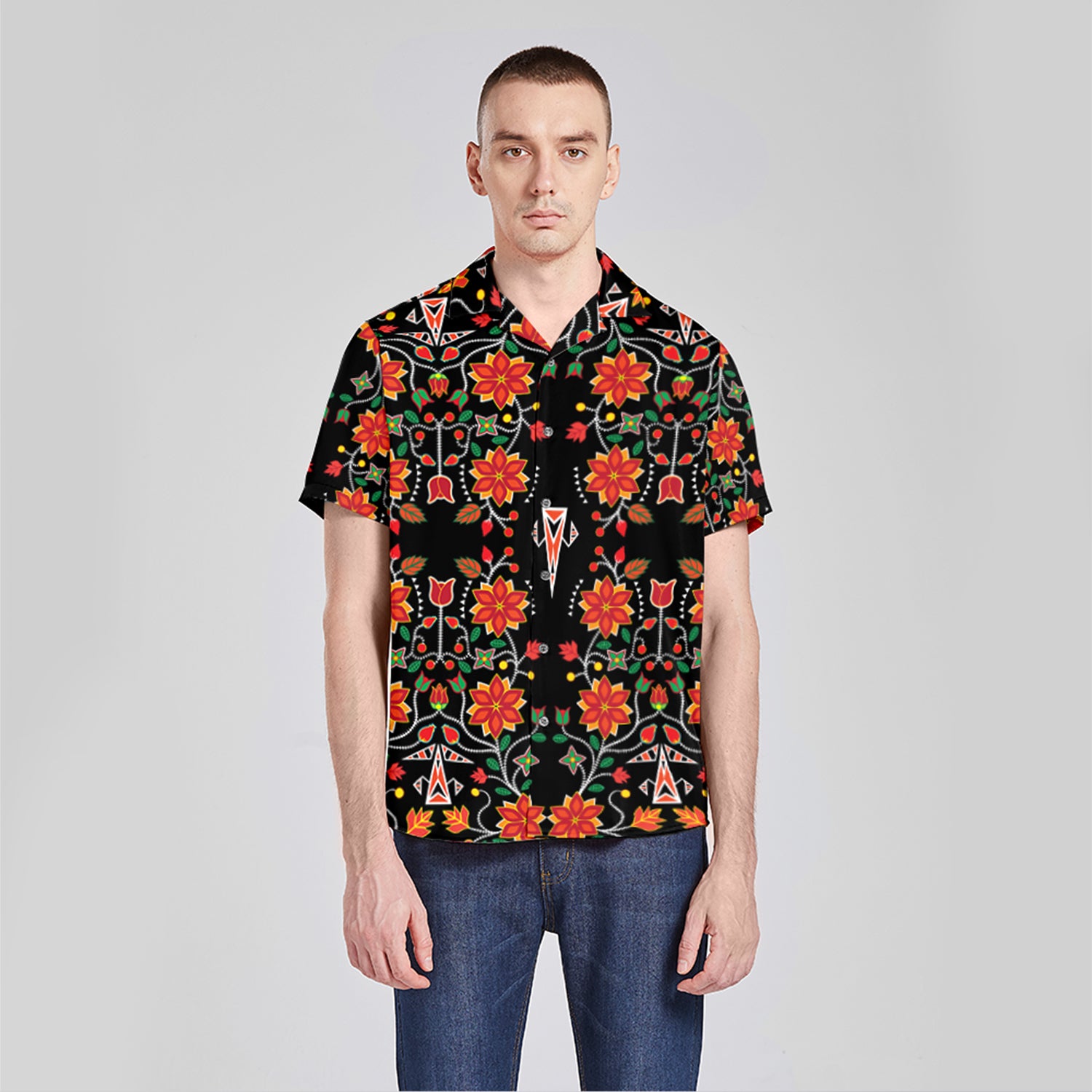 Floral Beadwork Six Bands Button Up Silk Shirt