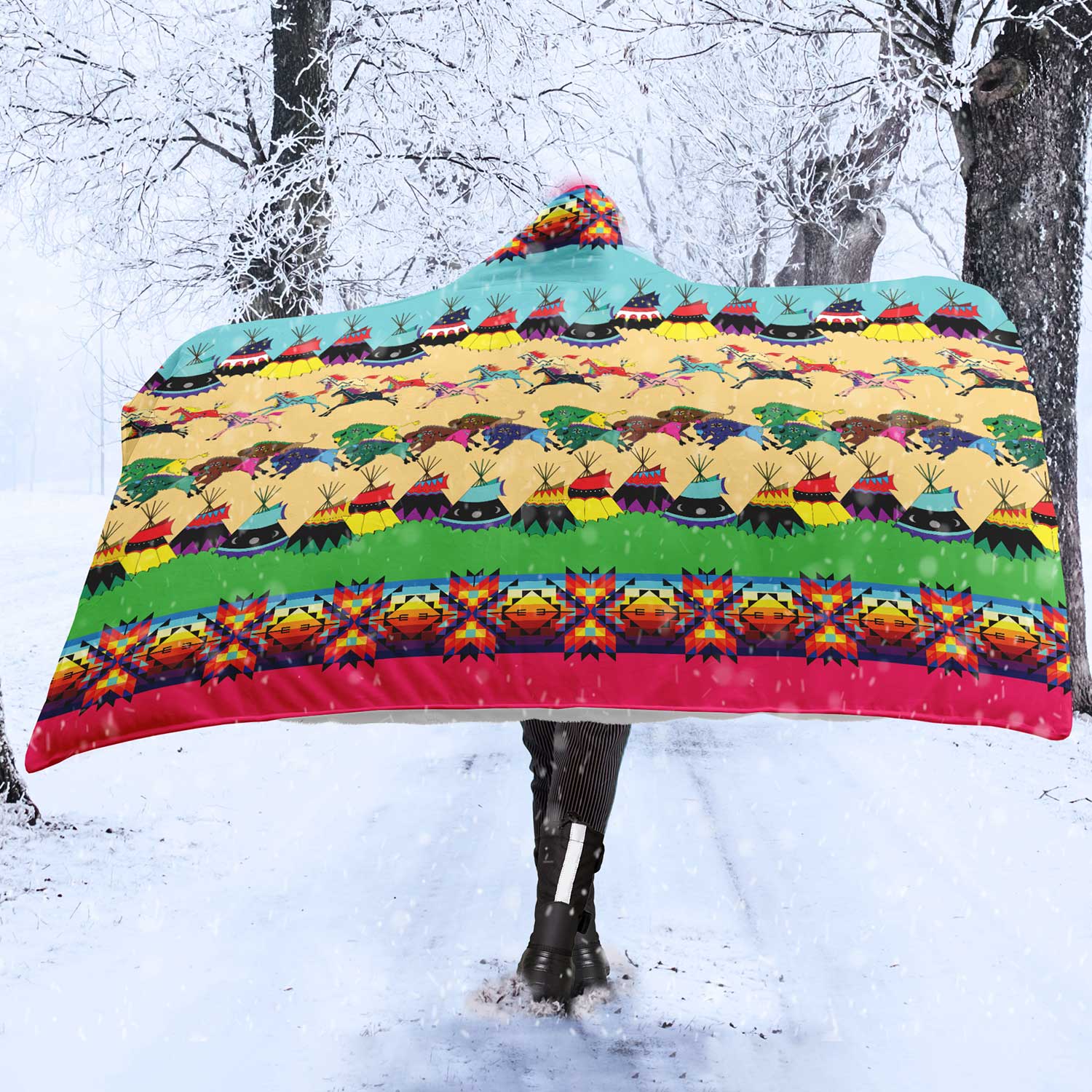 Horses and Buffalo Ledger Pink Hooded Blanket