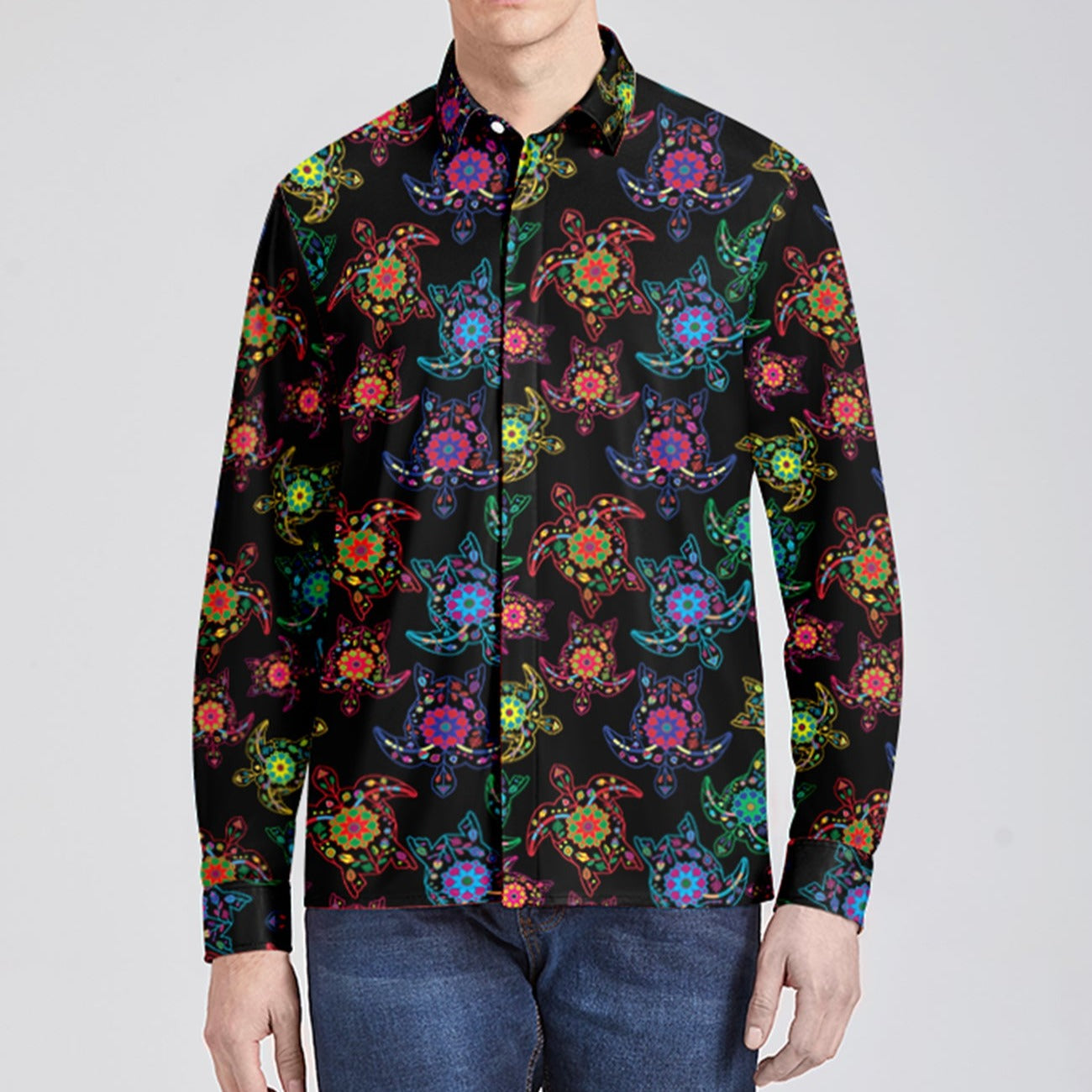 Neon Floral Turtle Men's Long Sleeve Dress Shirt