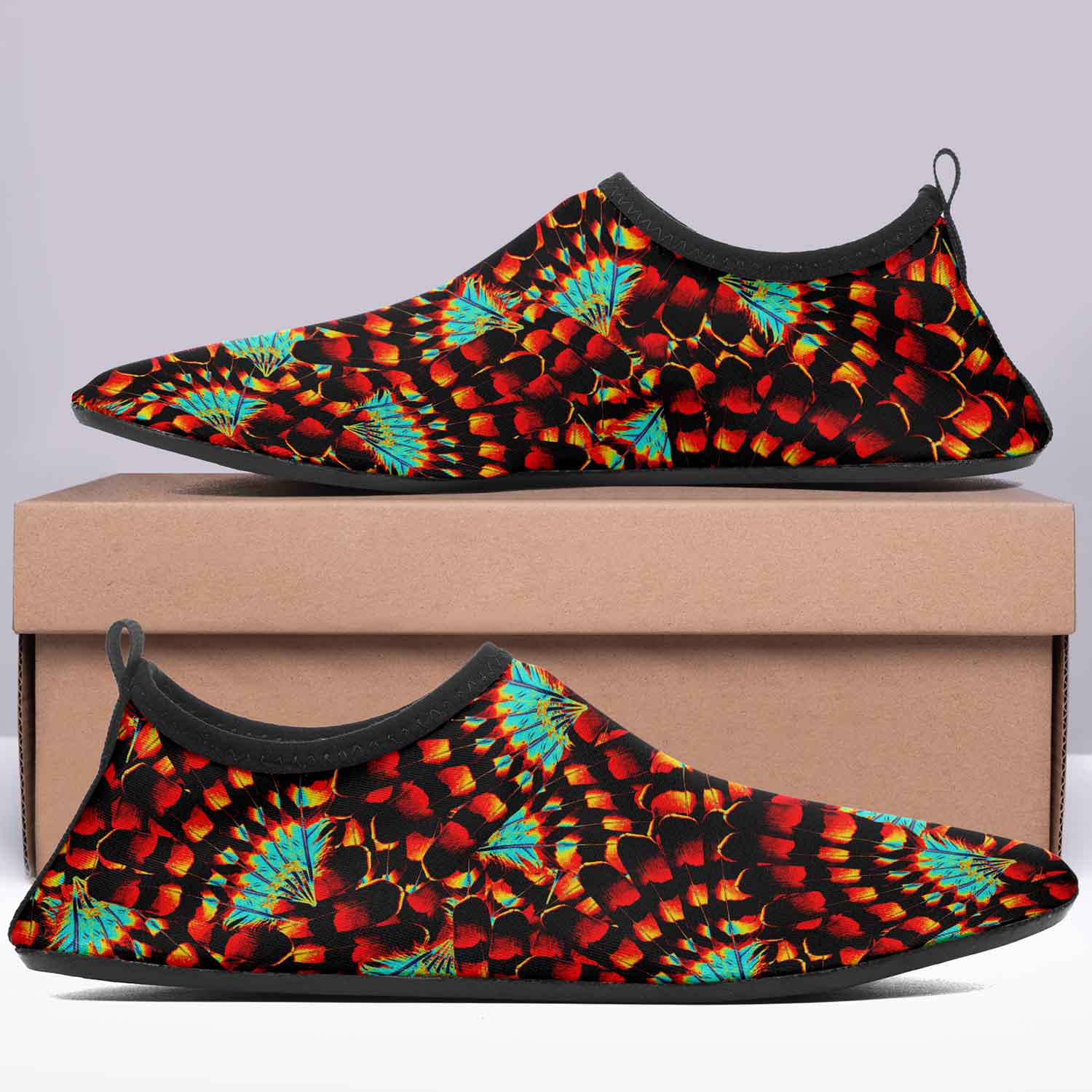 Hawk Feathers Fire and Turquoise Kid's Sockamoccs Slip On Shoes