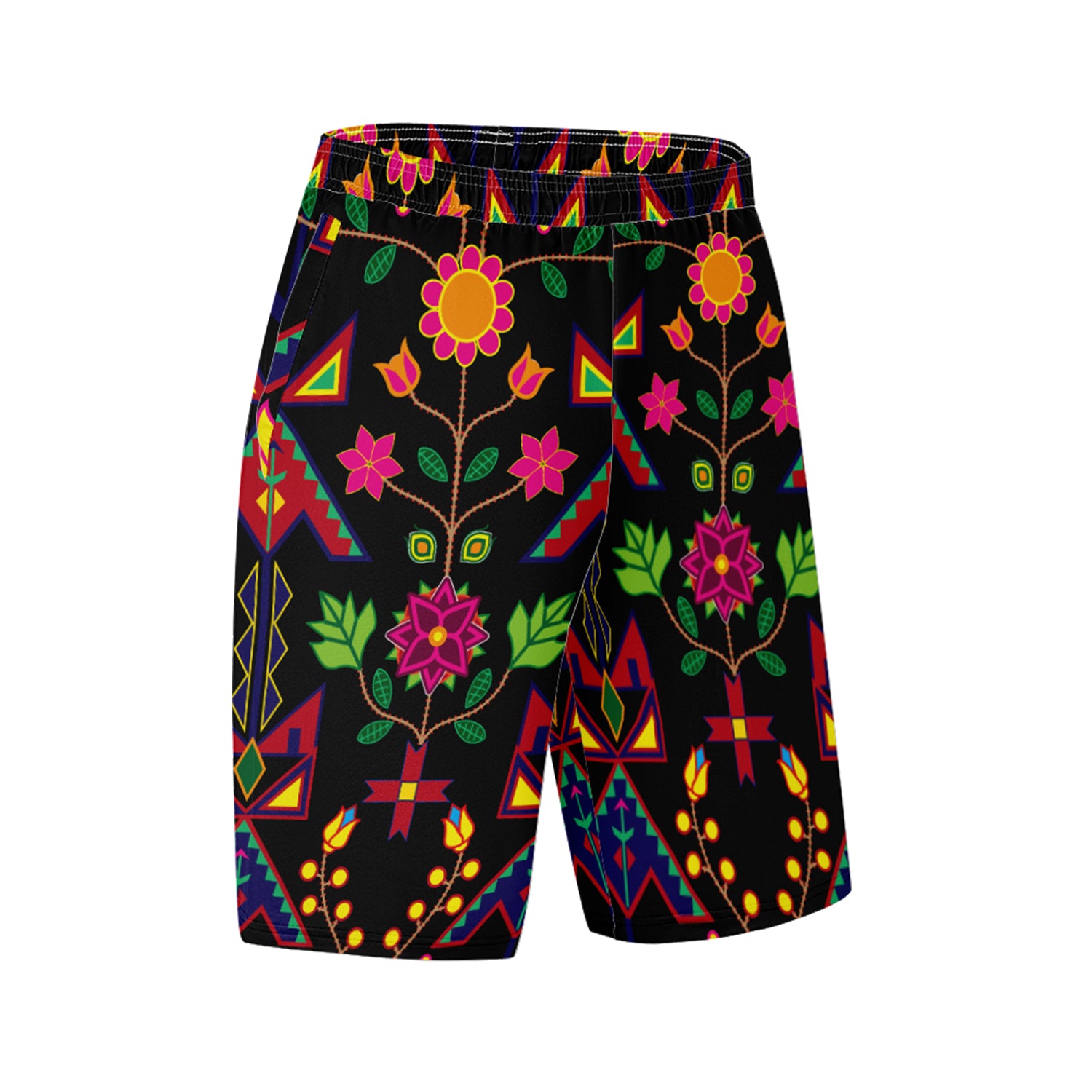 Geometric Floral Spring Black Athletic Shorts with Pockets