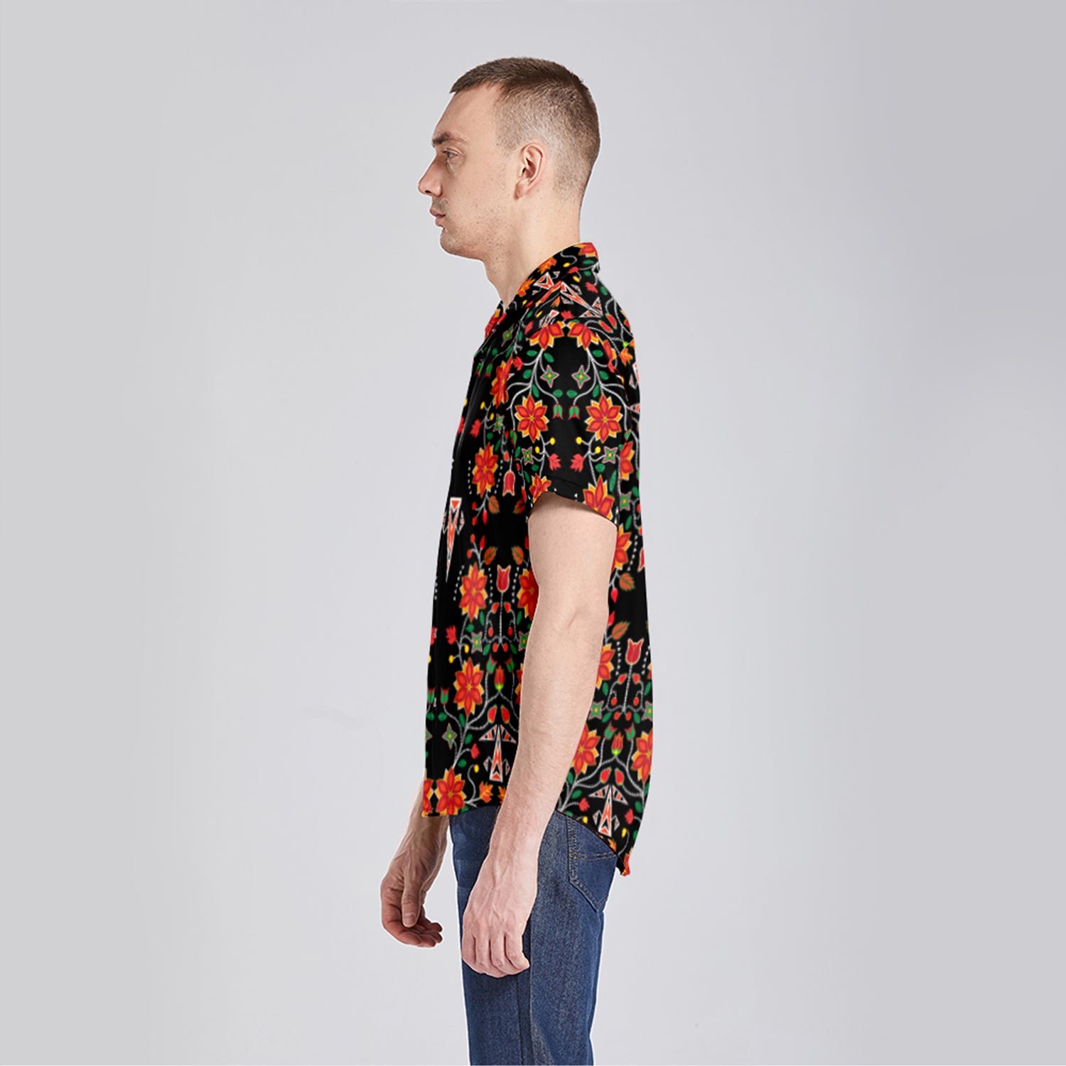 Floral Beadwork Six Bands Button Up Silk Shirt