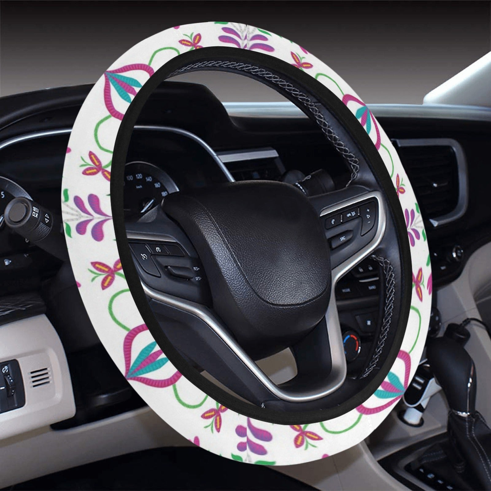 Quilled Divine White Steering Wheel Cover with Elastic Edge