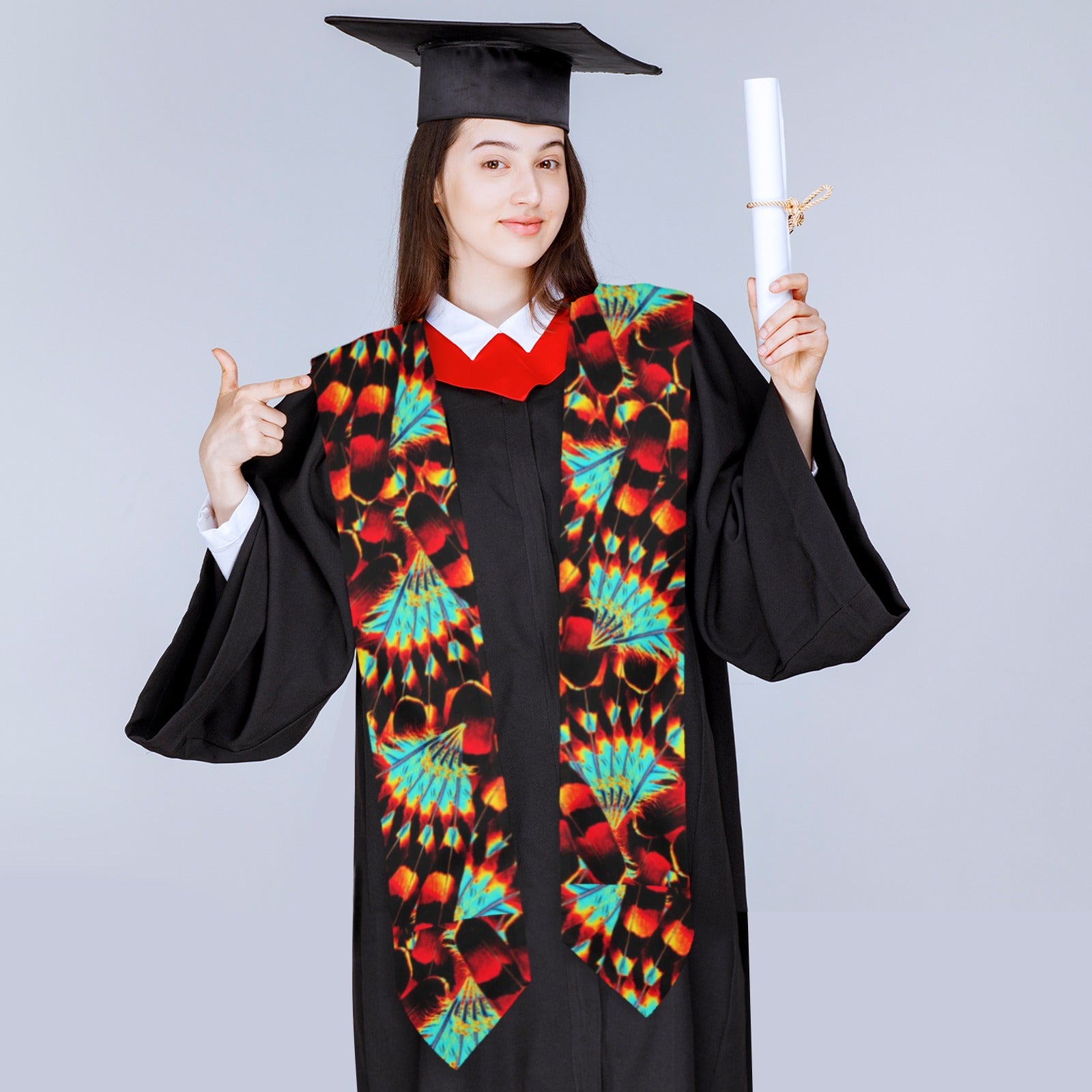 Hawk Feathers Fire and Turquoise Graduation Stole