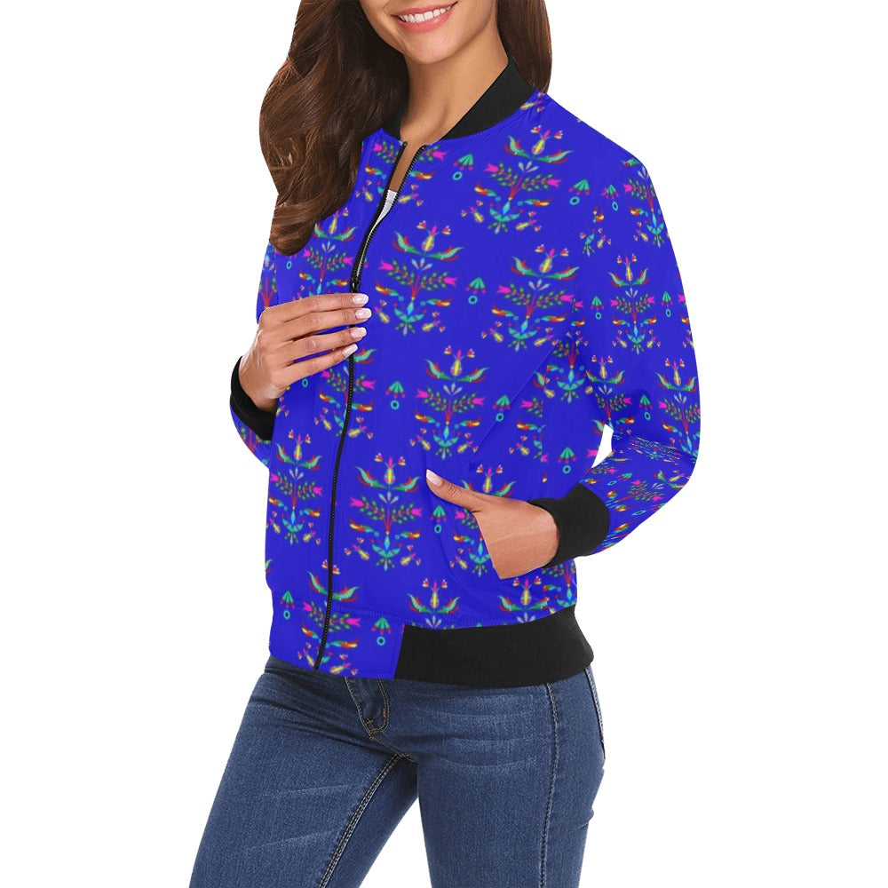 Dakota Damask Blue All Over Print Bomber Jacket for Women