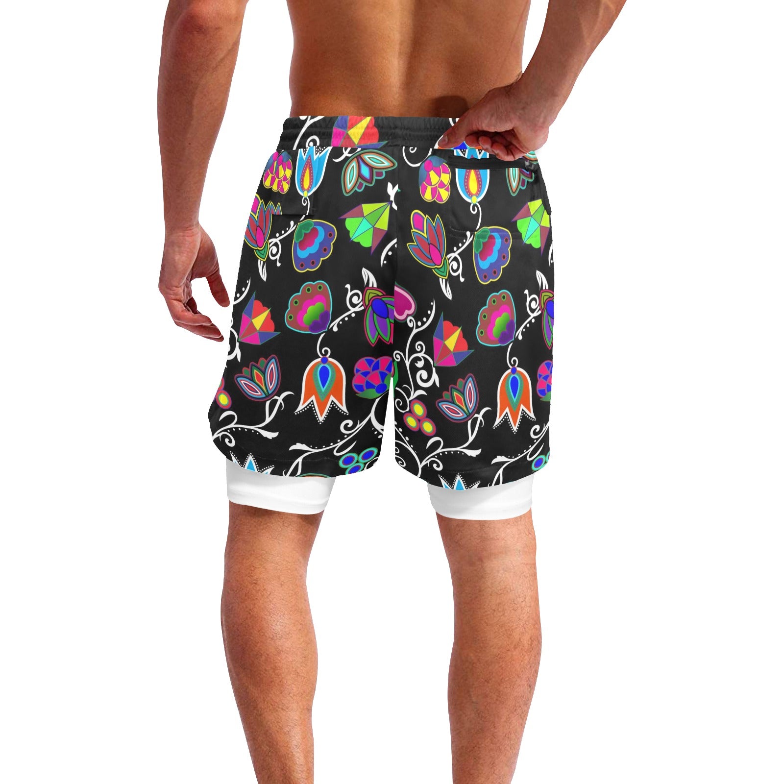 Indigenous Paisley Black Men's Sports Shorts with Compression Liner