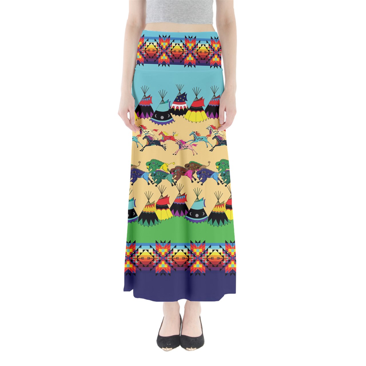 Horses and Buffalo Ledger Blue Full Length Maxi Skirt