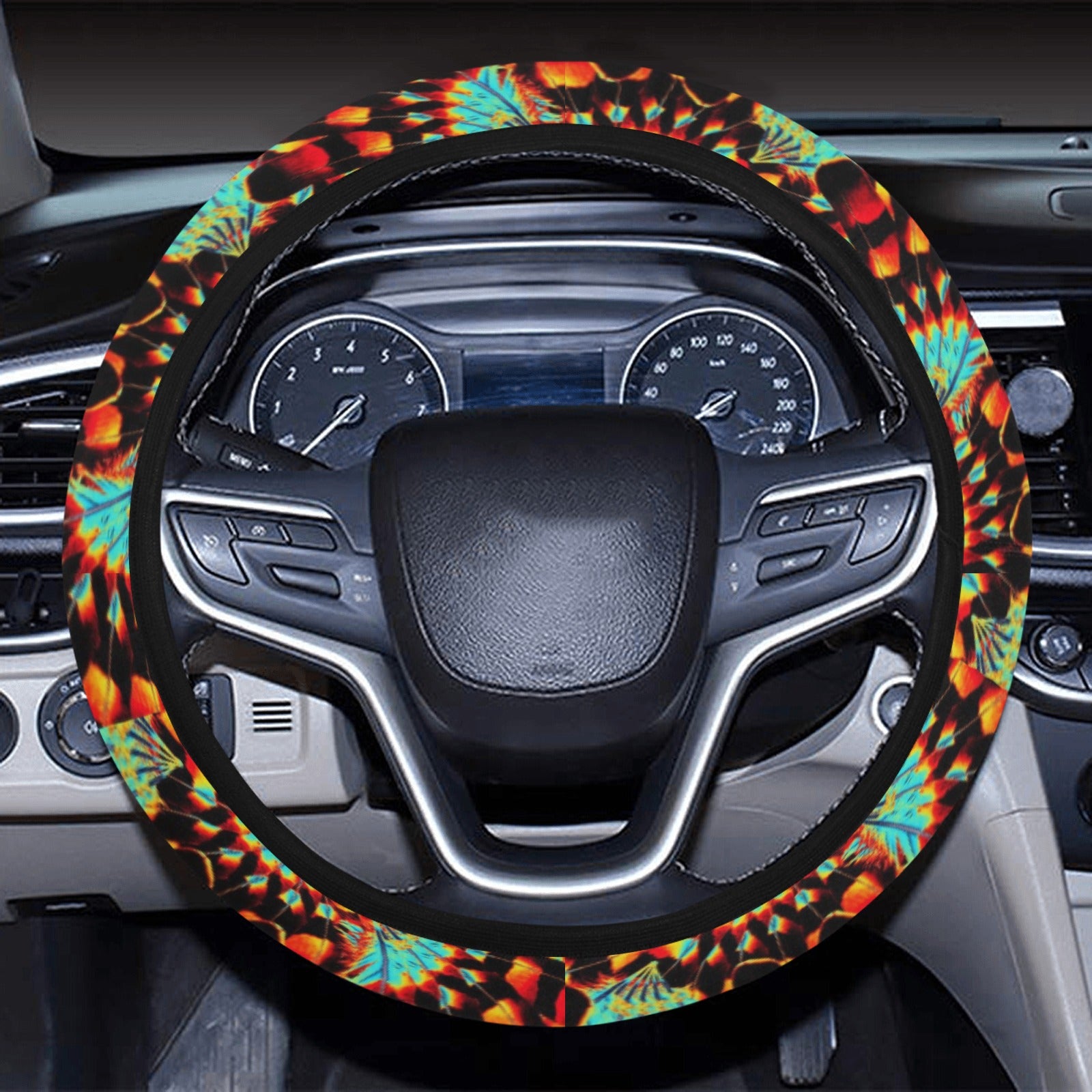 Hawk Feathers Fire and Turquoise Steering Wheel Cover with Elastic Edge