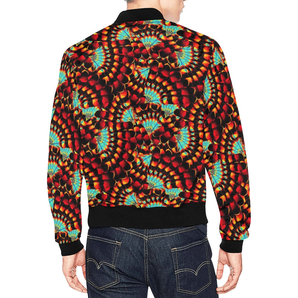 Hawk Feathers Fire and Turquoise All Over Print Bomber Jacket for Men