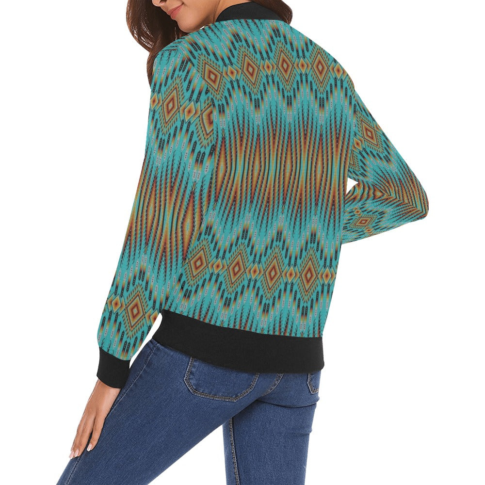 Fire Feather Turquoise All Over Print Bomber Jacket for Women