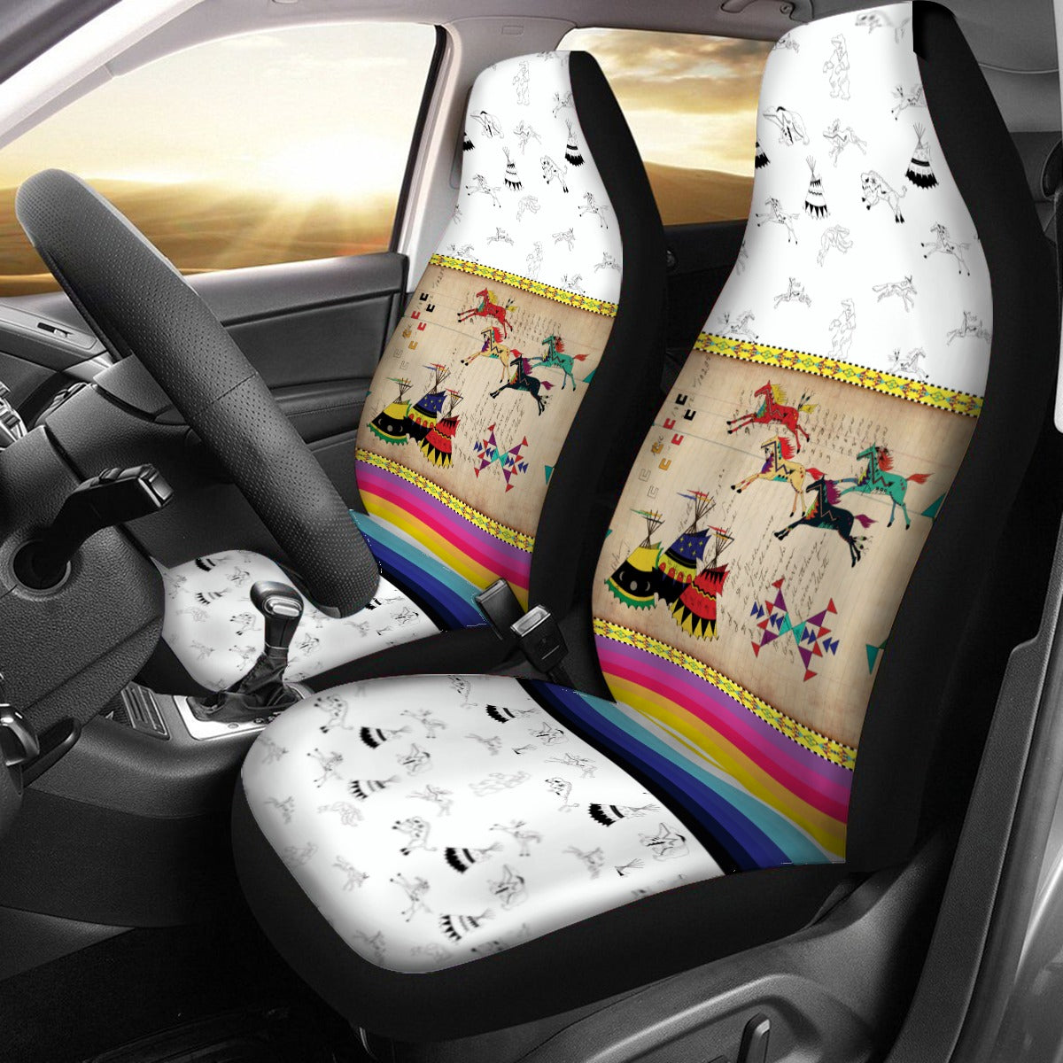 Horses Running White Clay Universal Car Seat Cover With Thickened Back