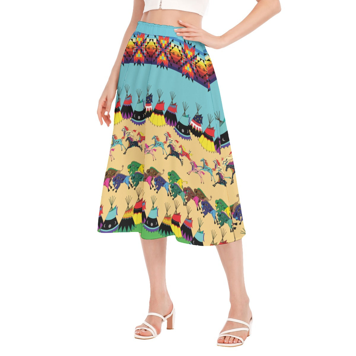 Horses and Buffalo Ledger Torquoise Women's Long Section Chiffon Skirt