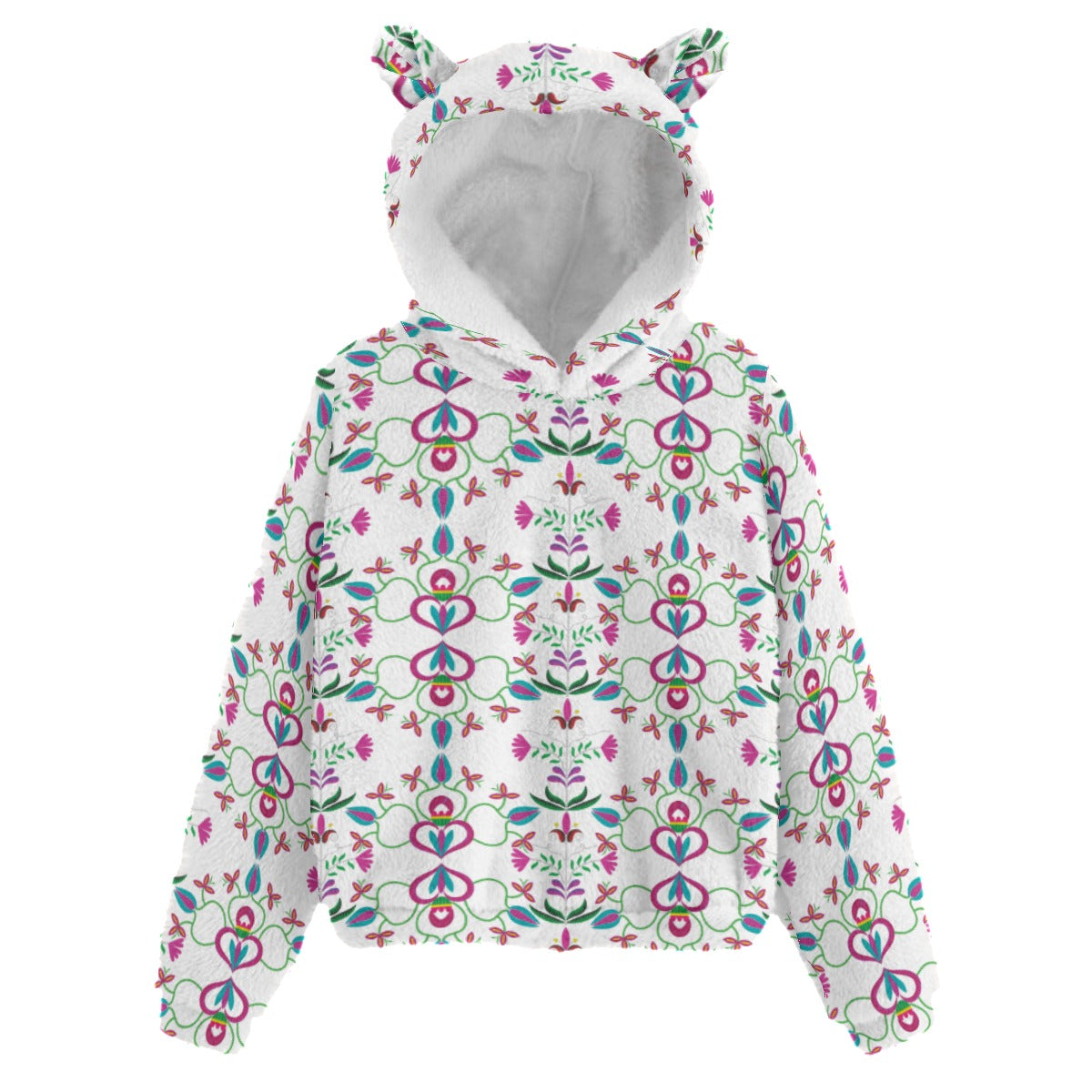 Quilled Divine White Kid’s Borg Fleece Hoodie With Ear