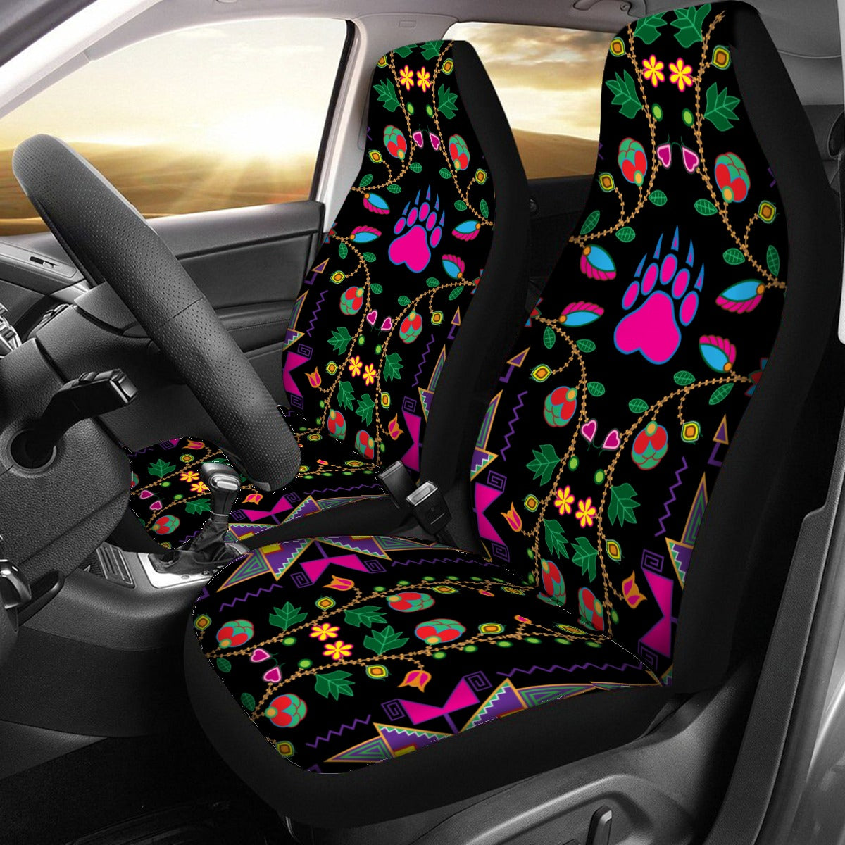 Geometric Floral Fall Black Universal Car Seat Cover With Thickened Back
