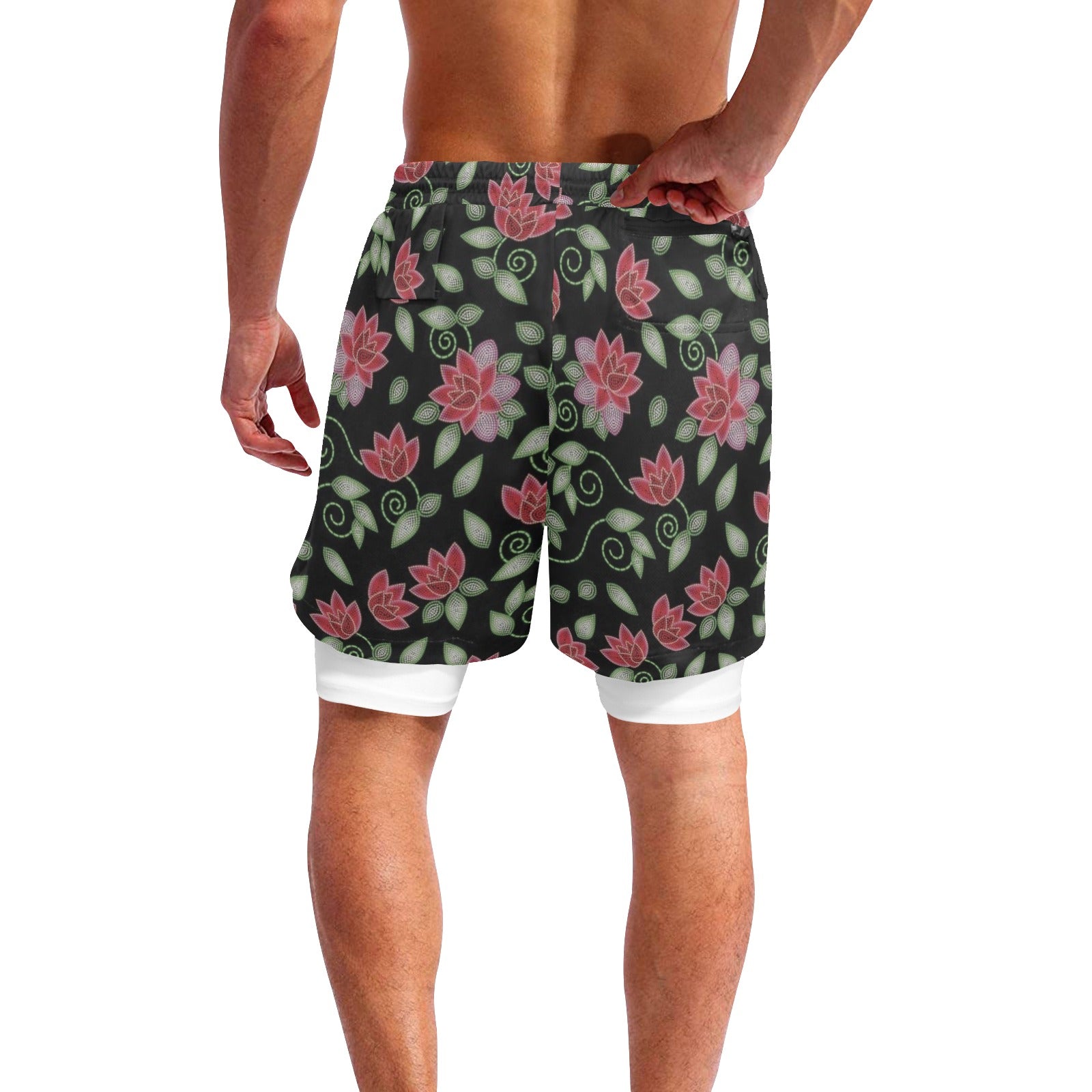 Red Beaded Rose Men's Sports Shorts with Compression Liner