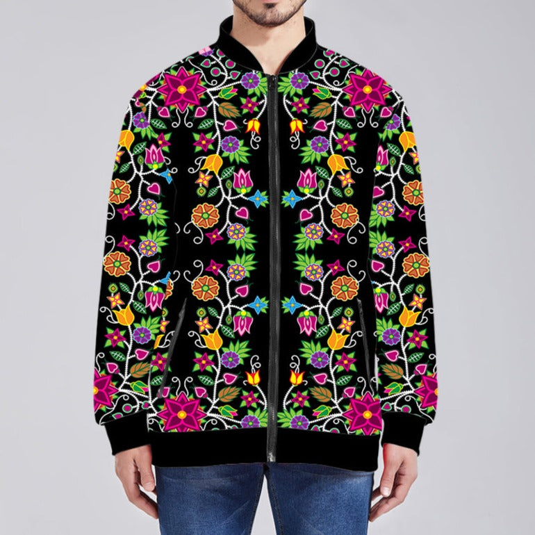 Floral Beadwork Zippered Collared Lightweight Jacket