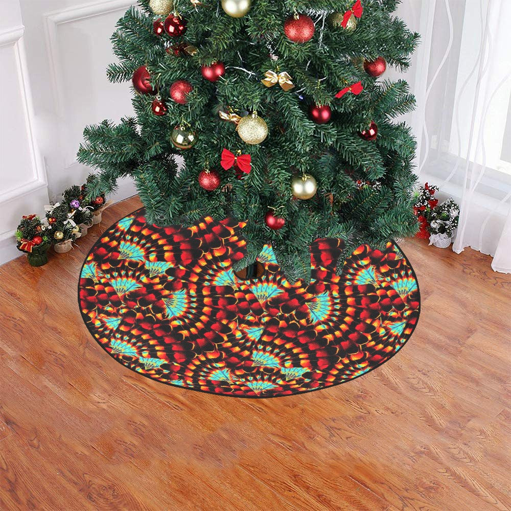Hawk Feathers Fire and Turquoise Christmas Tree Skirt 47" x 47"
