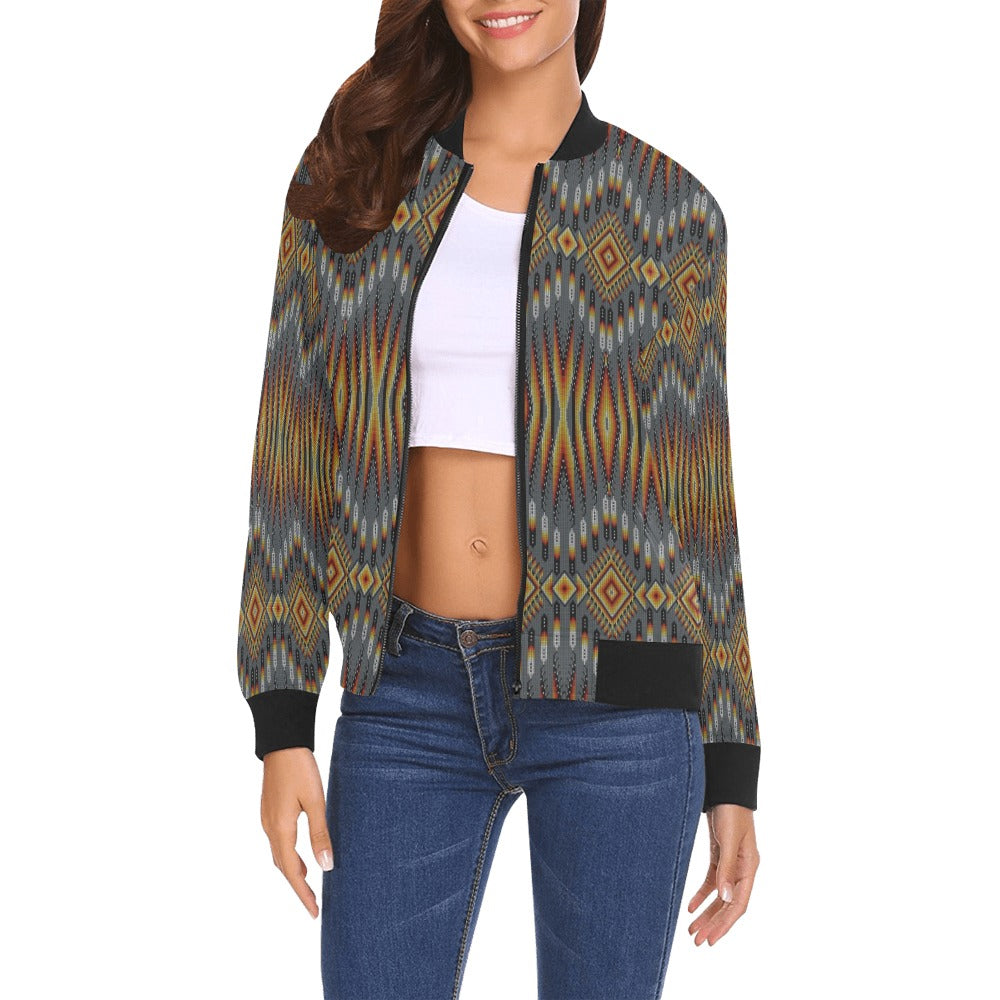 Fire Feather Grey All Over Print Bomber Jacket for Women