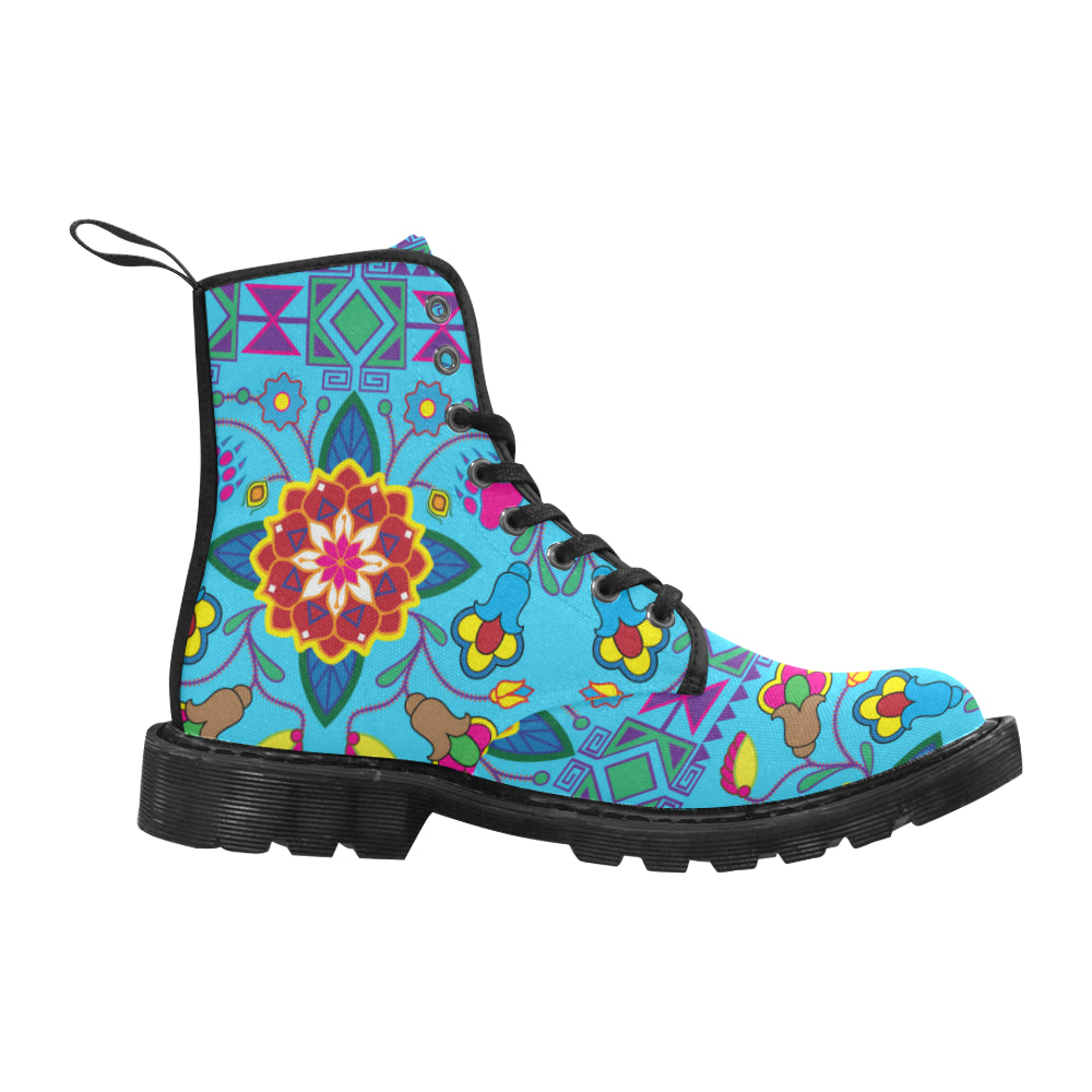 Geometric Floral Winter-Sky Blue Boots for Women (Black)