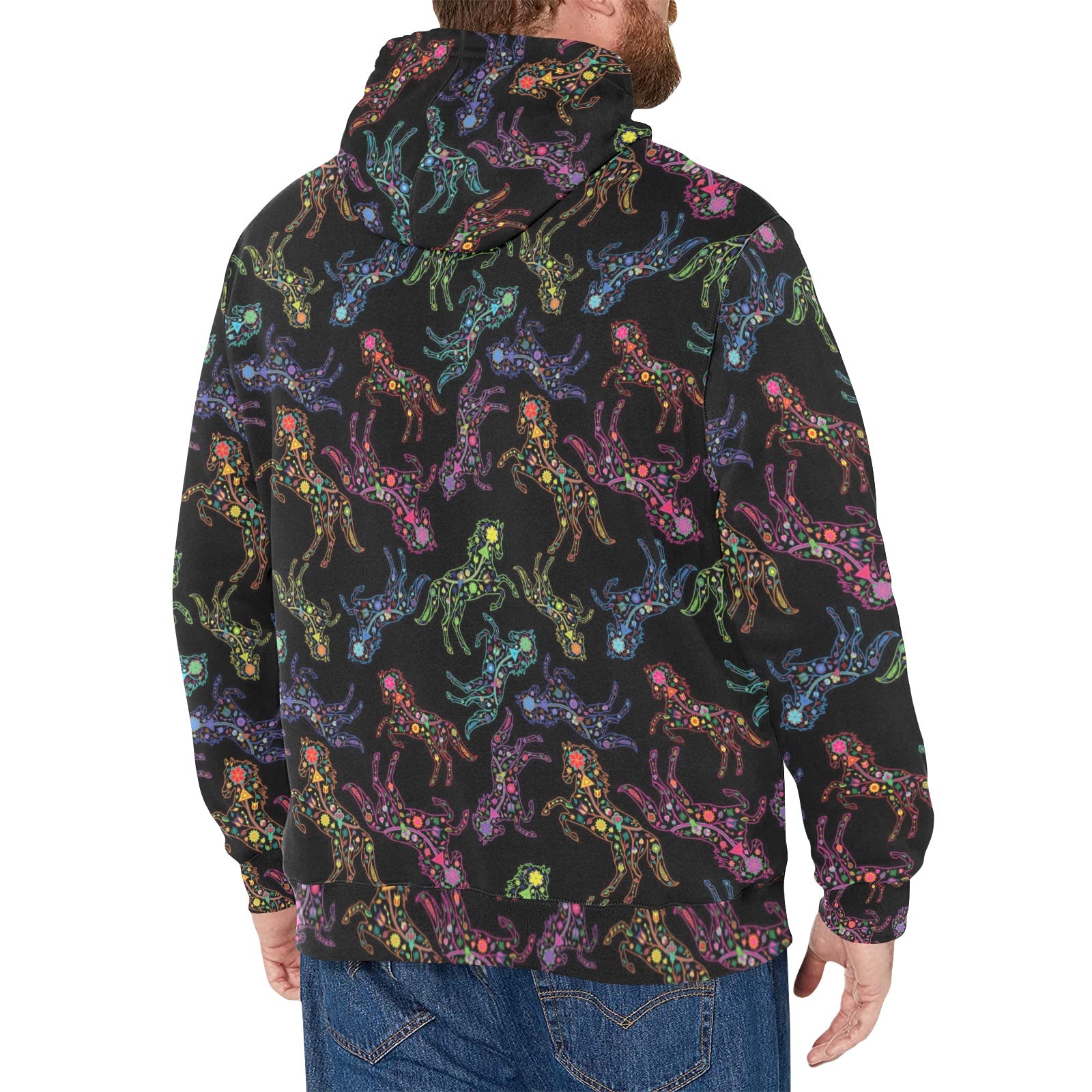 Neon Floral Horses Men's Long Sleeve Fleece Hoodie