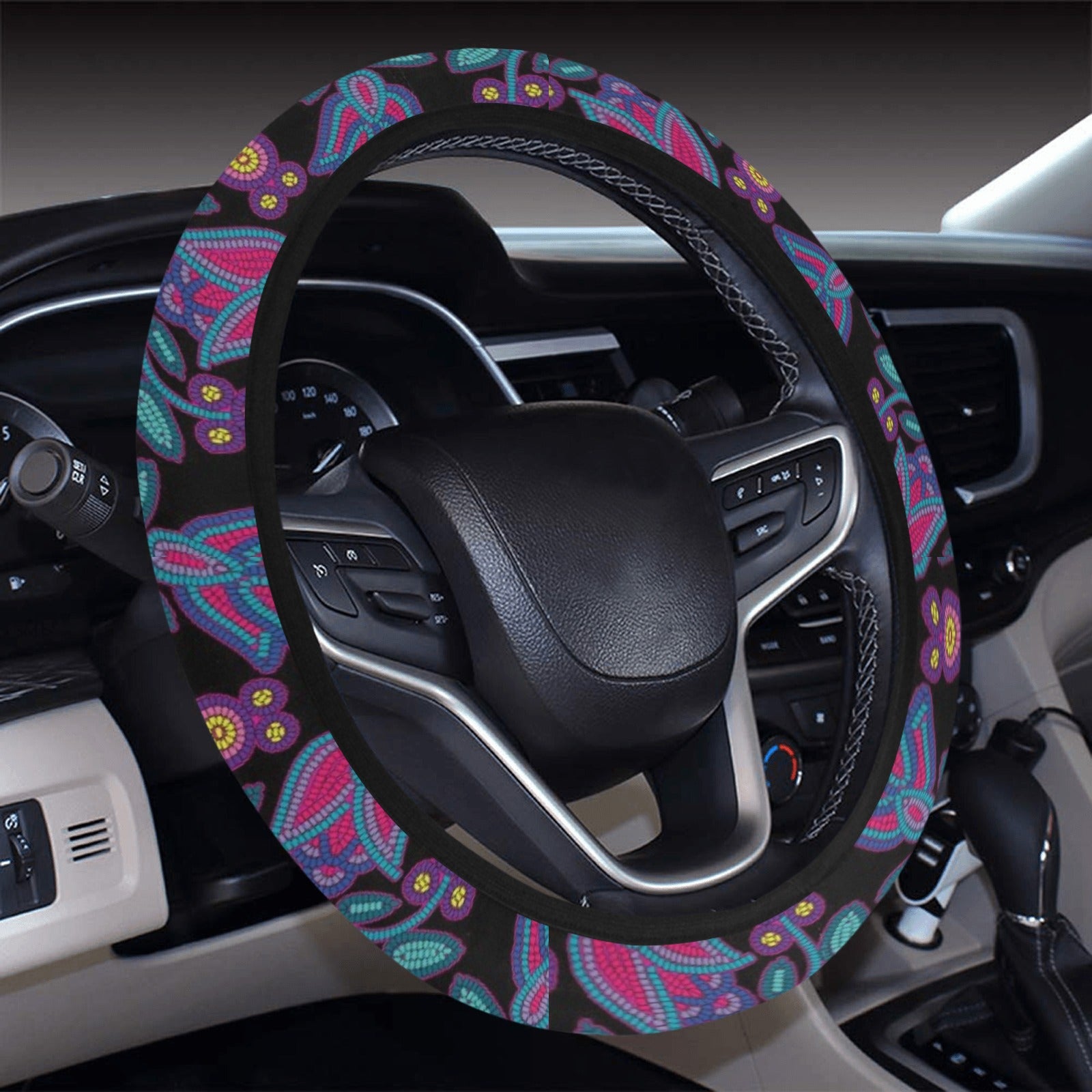 Beaded Nouveau Coal Steering Wheel Cover with Elastic Edge