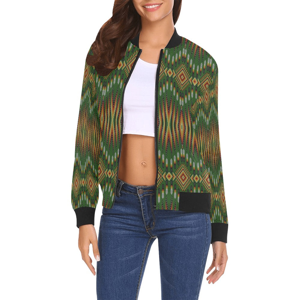 Fire Feather Green All Over Print Bomber Jacket for Women
