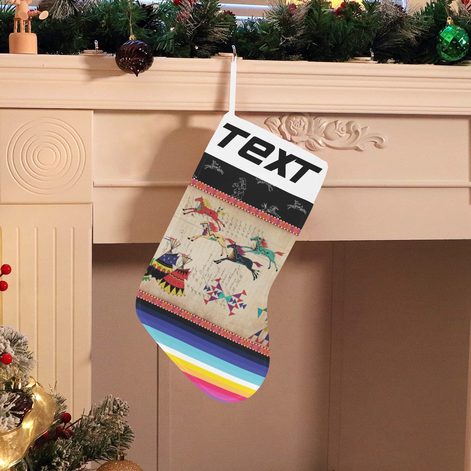 Horses Running Black Sky Christmas Stocking (Custom Text on The Top)